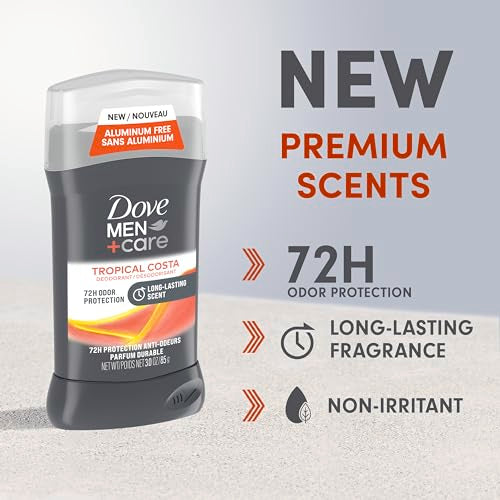 Dove Men+Care Aluminum-Free Deodorant Tropical Costa 4 Count for a Long-Lasting Scent, with 72H Odor Protection, 3.0 oz