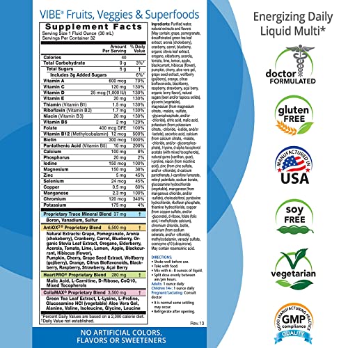 Eniva Health Vibe Liquid Multivitamins Mineral Supplements with Vitamins A, B12, C, D, E & Amino Acids | Fruits and Veggies Daily Supplement for Women & Men | Doctor Formulated | USA Made | 32 oz