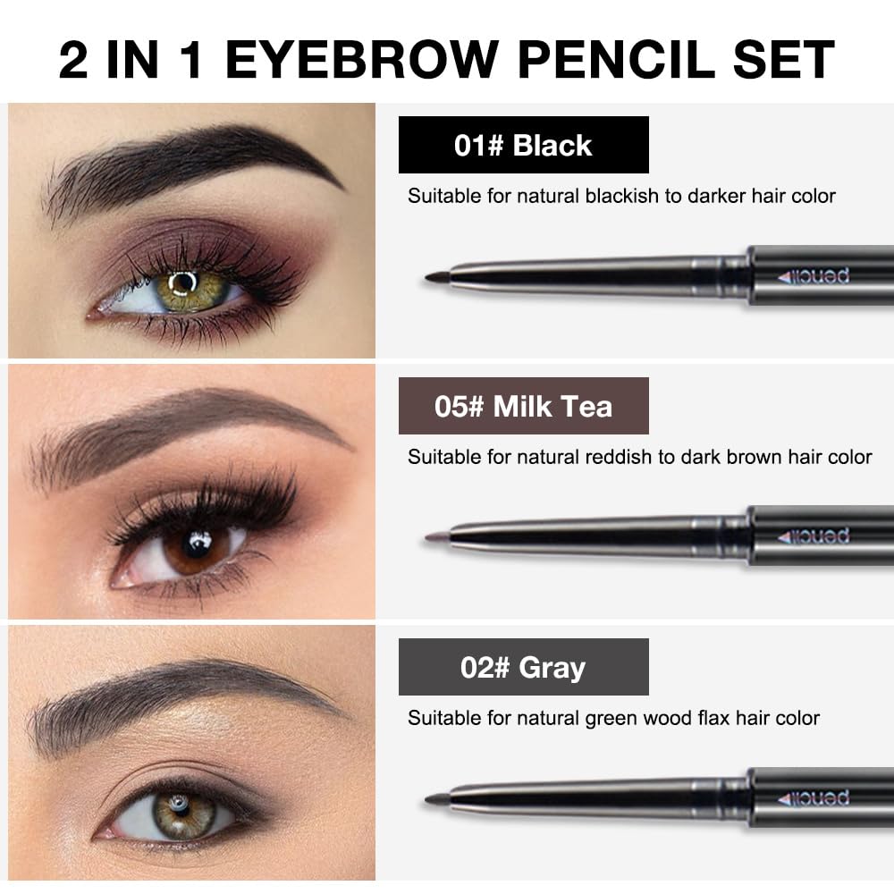5 Pcs Dual-Sided Auto-rotate Ultra-Fine Tip Eye Brow Pencils Pack, Draws Tiny Precise Brow Makeup, Hairs, Defines, Fills Brows, Shapes, Contours, Combs, 1mm Pen Point (2*Black+2*Milk tea+Gray)