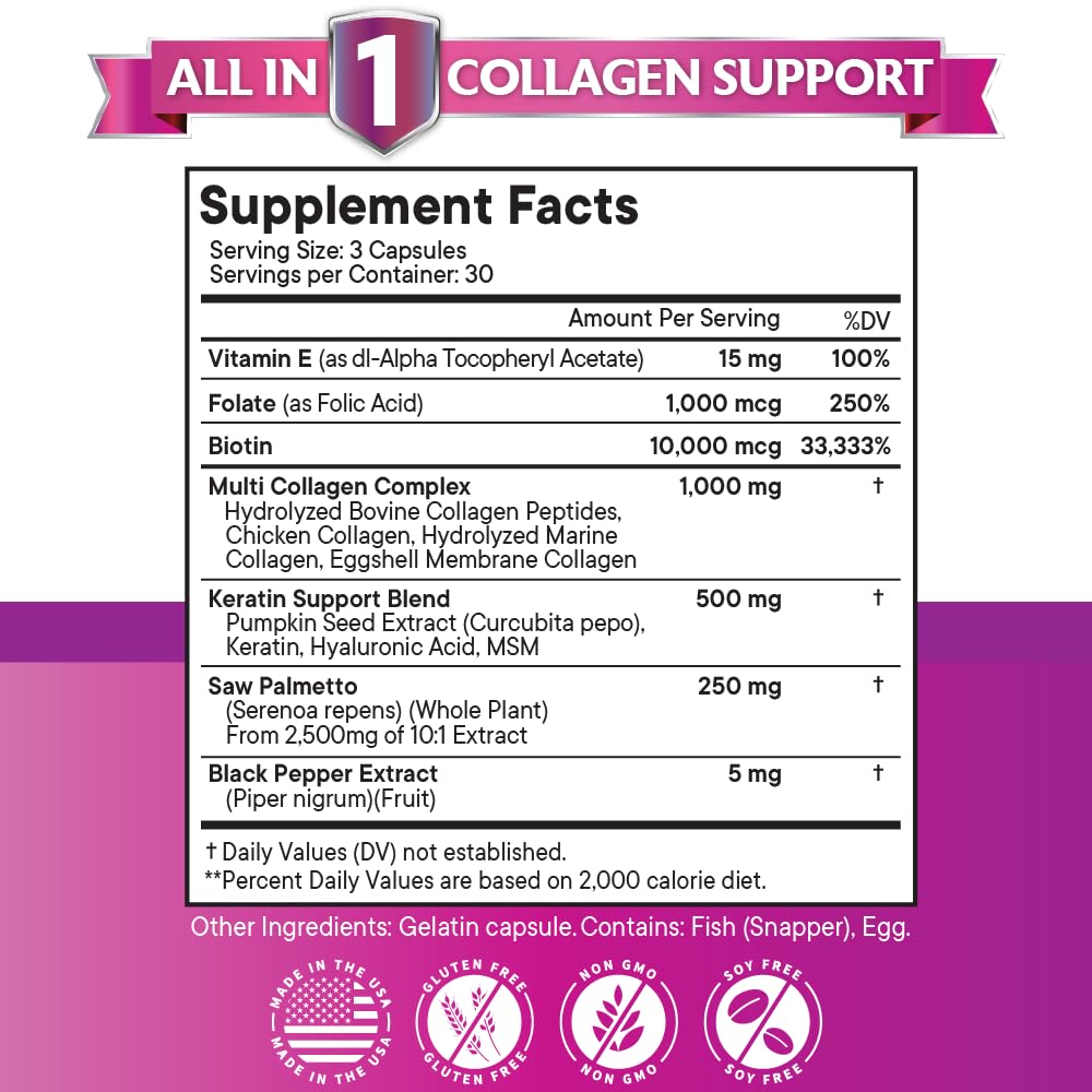 NEW AGE Collagen Pills Biotin Keratin Saw Palmetto Hyaluronic Acid - Vitamin E Folic Acid Pumpkin Seed MSM - 90 Count (Pack of 2)