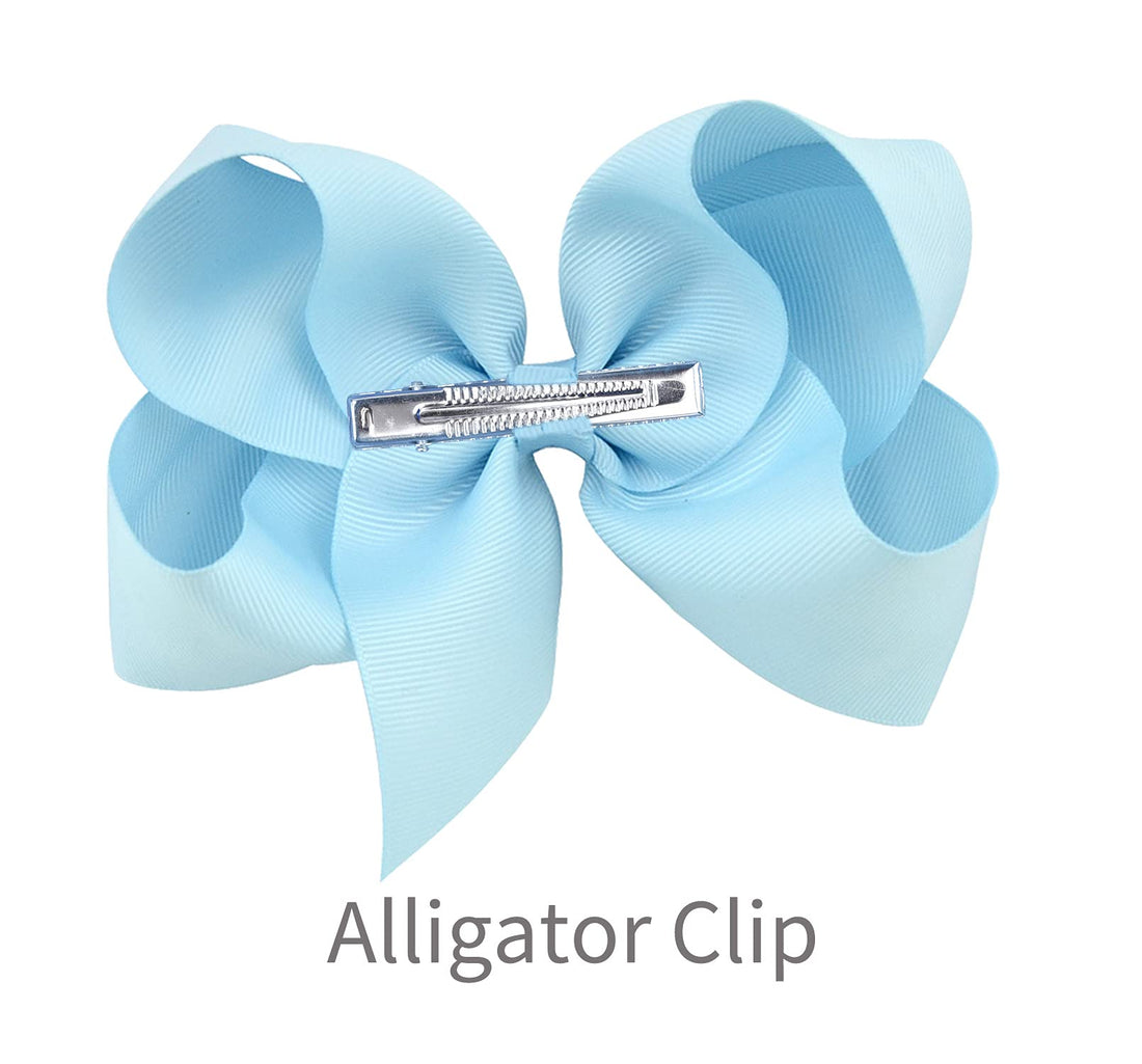 DEEKA 2 PCS 6 Big Hand-made Grosgrain Ribbon Solid Color Hair Bows Alligator Clips Hair Accessories for Little Teen Toddler Girls Kids Set of 2 -Light Blue