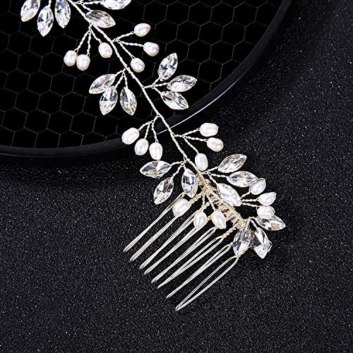 Ammei Crystal Bridal Headpiece Wedding Headband With Genuine Freshwater Pearls And Combs Hair Accessories For Bride Bridesmaid (Silver)