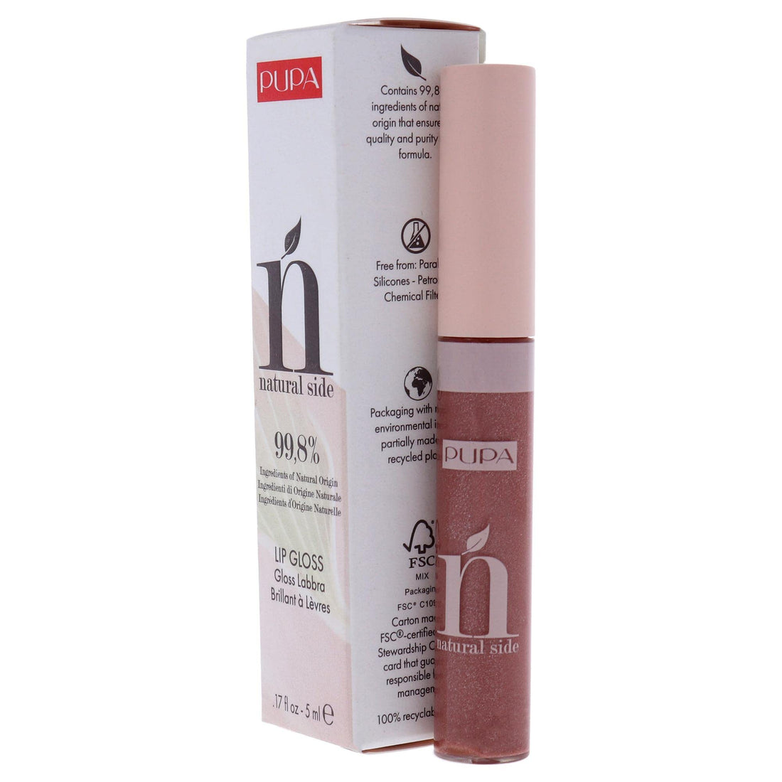Pupa Milano Natural Side Lip Gloss - Ultra Radiant Effect With 99.8% Ingredients of Natural Origin - Comfortable and Non-Sticky - Contains Natural Oils and Rice Starch - 004 Pearly Nude - 0.17 Oz