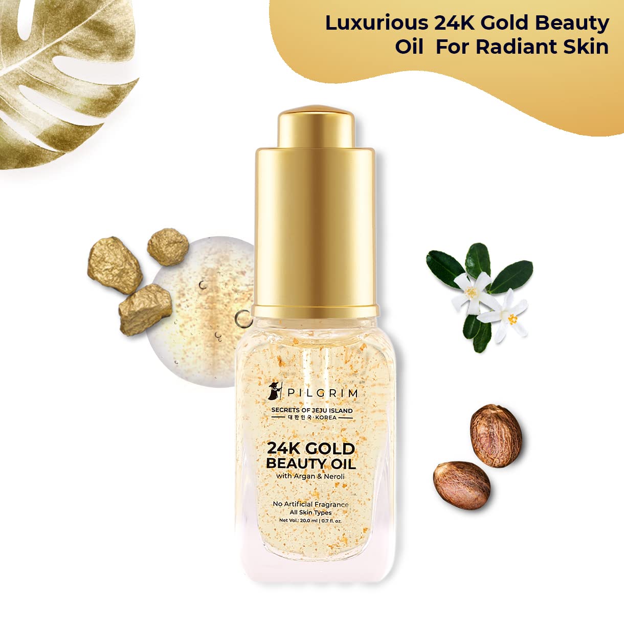 Pilgrim 24K Gold Beauty Oil | Enriched with Argan & Neroli for Deep Nourishment | Antioxidant-Rich Facial Oil | Enhances Skin Radiance & Softness | Lightweight & Fast-Absorbing | 0.68 Fl Oz (20ml)