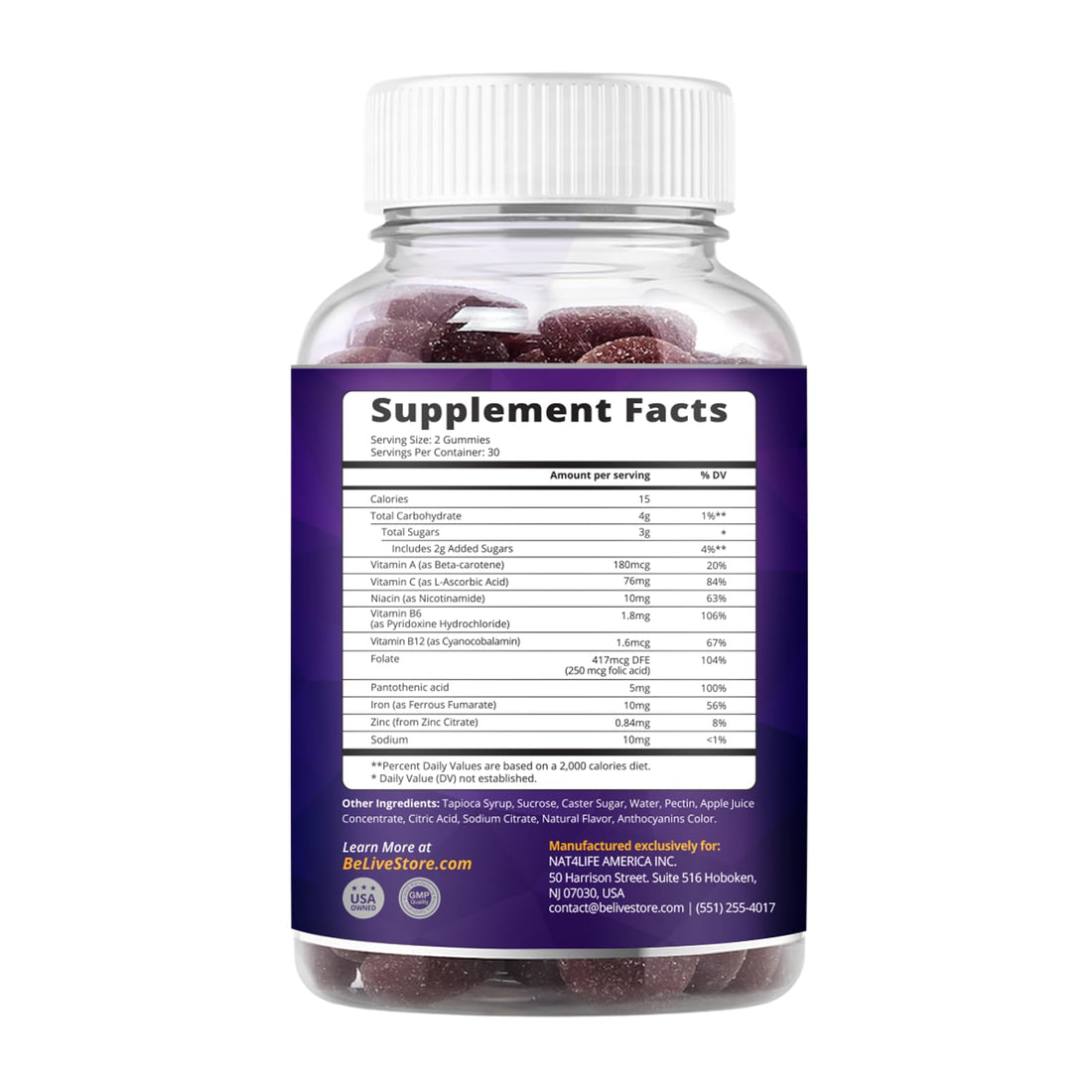 BeLive Iron Gummies - Multivitamin Supplement with Vitamin C, A, B & Zinc, Supports Blood Oxygen, Vegan Iron Supplements for Women, Men & Kids for Growth and Development - Grape Flavor | 1-Pack