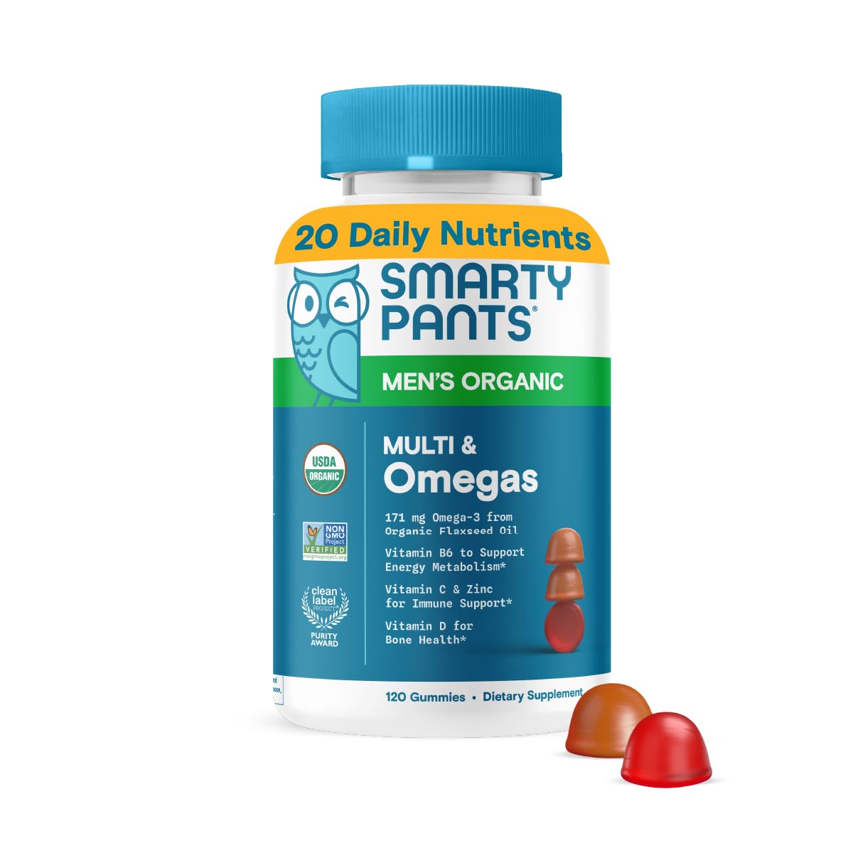 SmartyPants Multivitamin for Men, Organic Gummies: Methylfolate, Omega 3 (ALA), Vitamin D3, C, Vitamin B12, B6, A, K & Zinc for Immune Support, Biotin, Vegetarian, 120 Gummies (30 Day Supply)