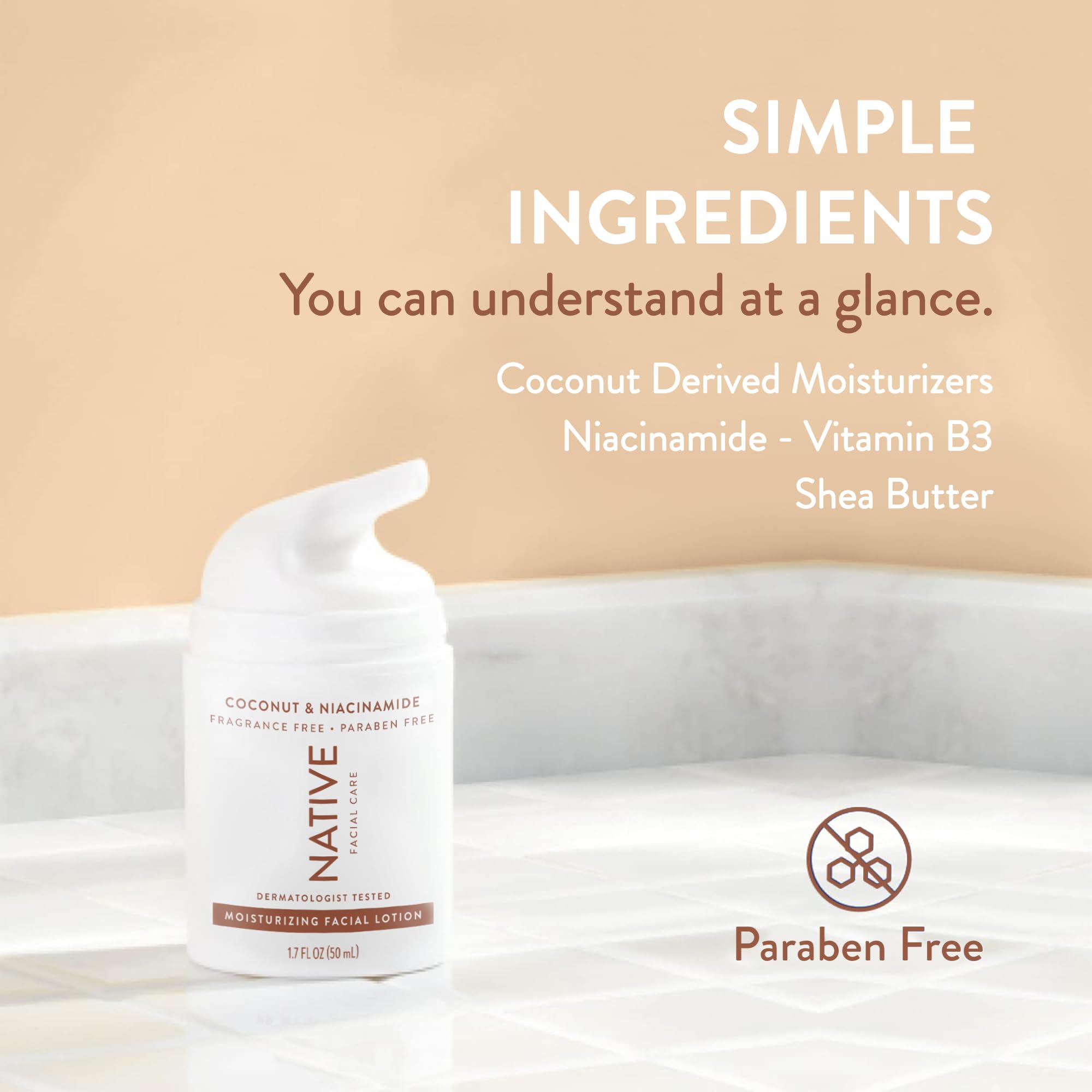 Native Moisturizing Daily Facial Moisturizer Gentle Face Lotion Hydrating Cream for Women and Men with Vitamin B3 & Coconut Lightweight Non Greasy Formula - 1.7 fl oz