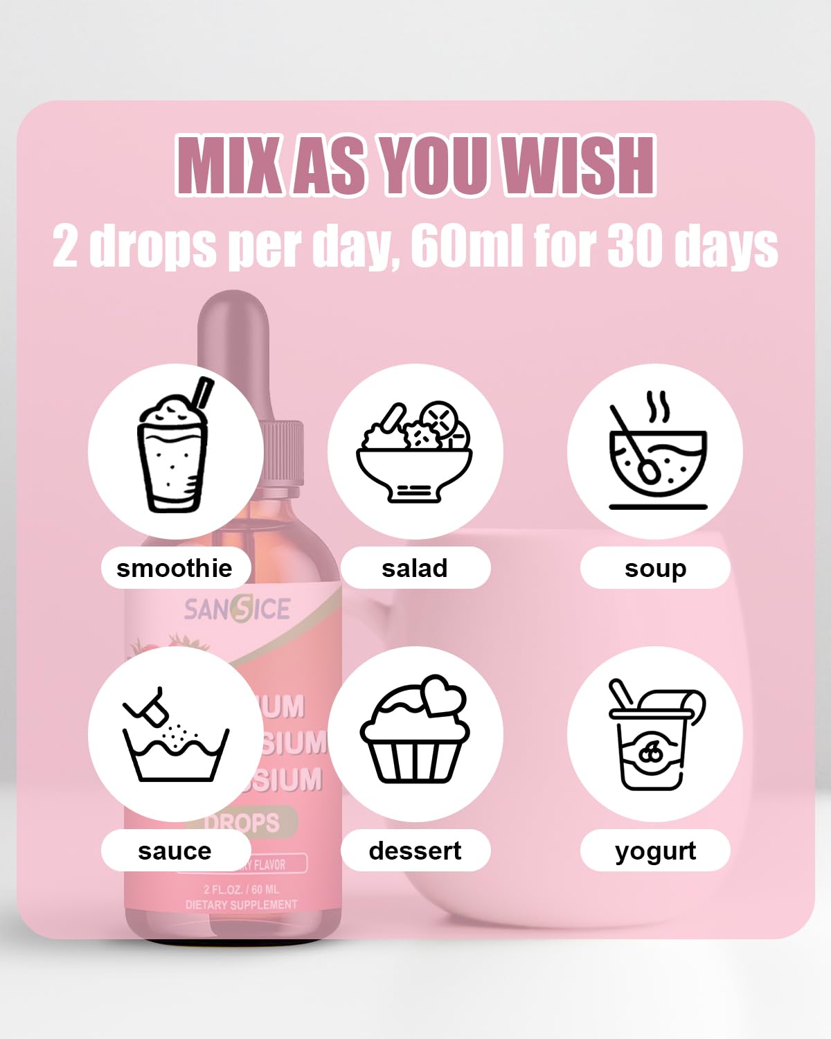 SANSICE Calcium Magnesium Potassium Supplements, Magnesium Glycinate 400mg Zinc Multivitamin Drops Calcium Potassium Supplement High Absorption Vegan Non GMO (60ml/Strawberry Flavor)