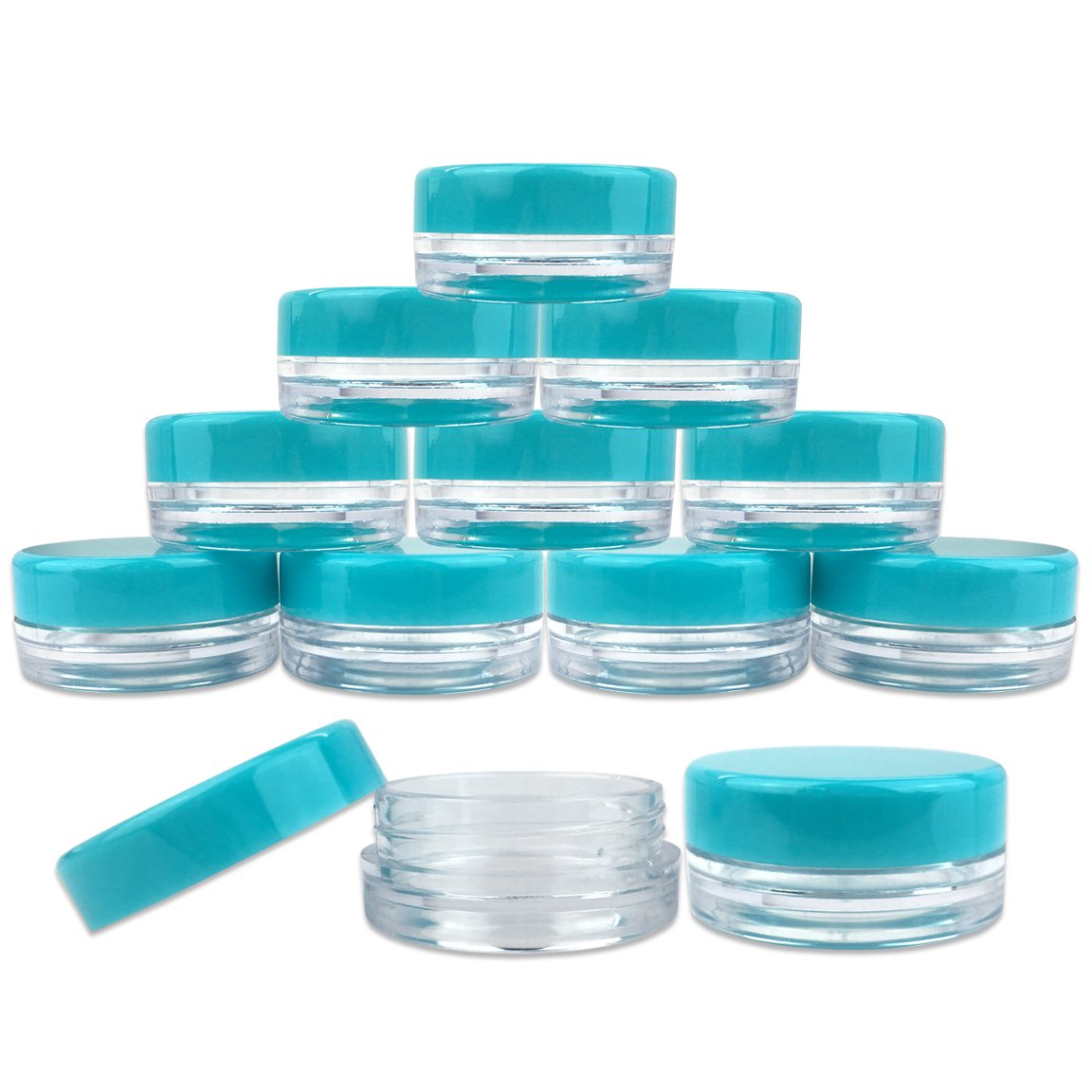 (Quantity: 200 Pieces) Beauticom 3G/3ML Round Clear Jars with TEAL Sky Blue Lids for Scrubs, Oils, Toner, Salves, Creams, Lotions, Makeup Samples, Lip Balms - BPA Free