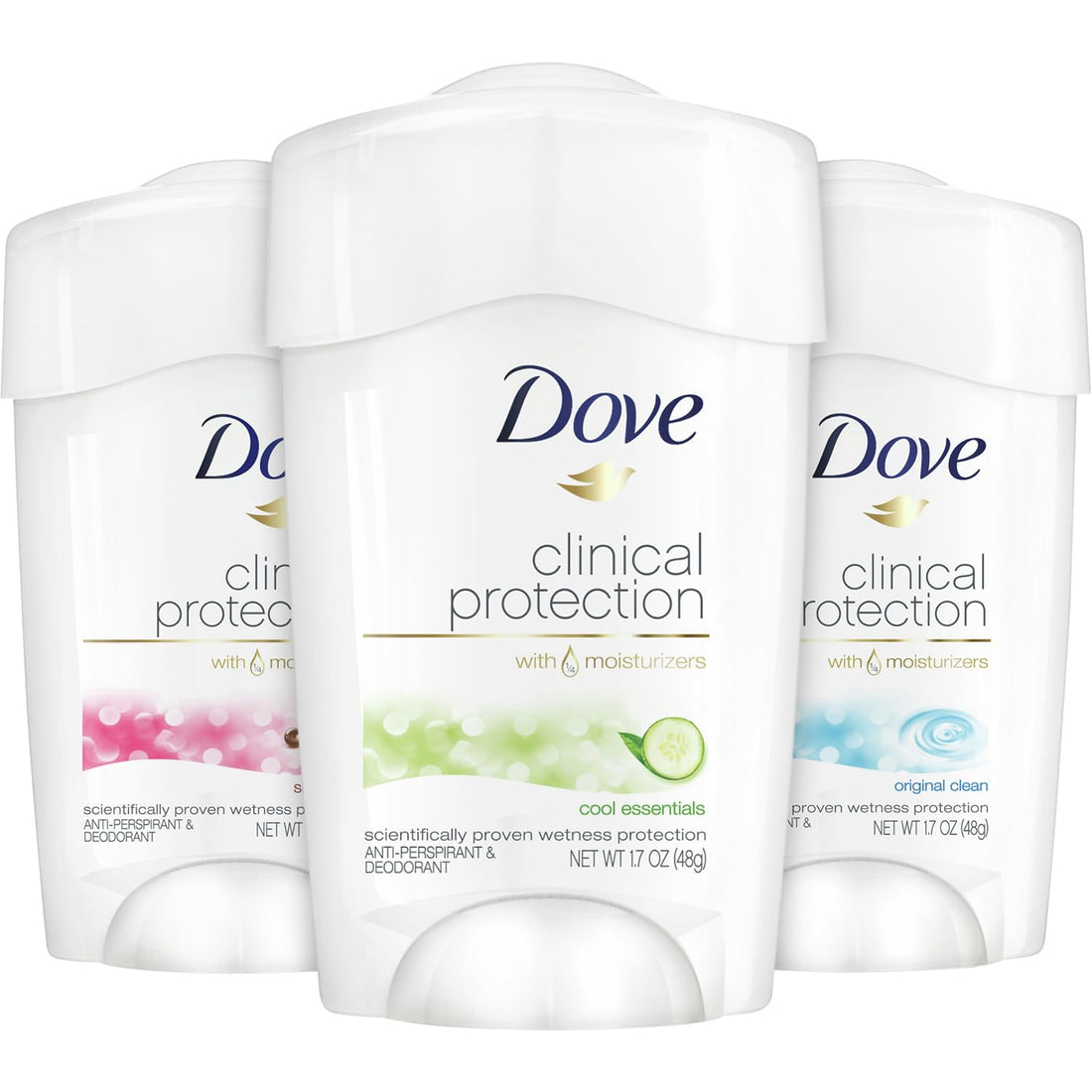 Dove Deodorant, Clinical Protection for Women, 3-Stick Variety Pack - Antiperspirant Deodorant with 48-Hours of Protection, Moisturizing for Sensitive Skin, Scented, 1.7 Oz (3 Piece Set)