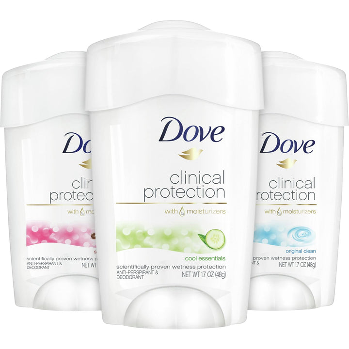 Dove Deodorant, Clinical Protection for Women, 3-Stick Variety Pack - Antiperspirant Deodorant with 48-Hours of Protection, Moisturizing for Sensitive Skin, Scented, 1.7 Oz (3 Piece Set)