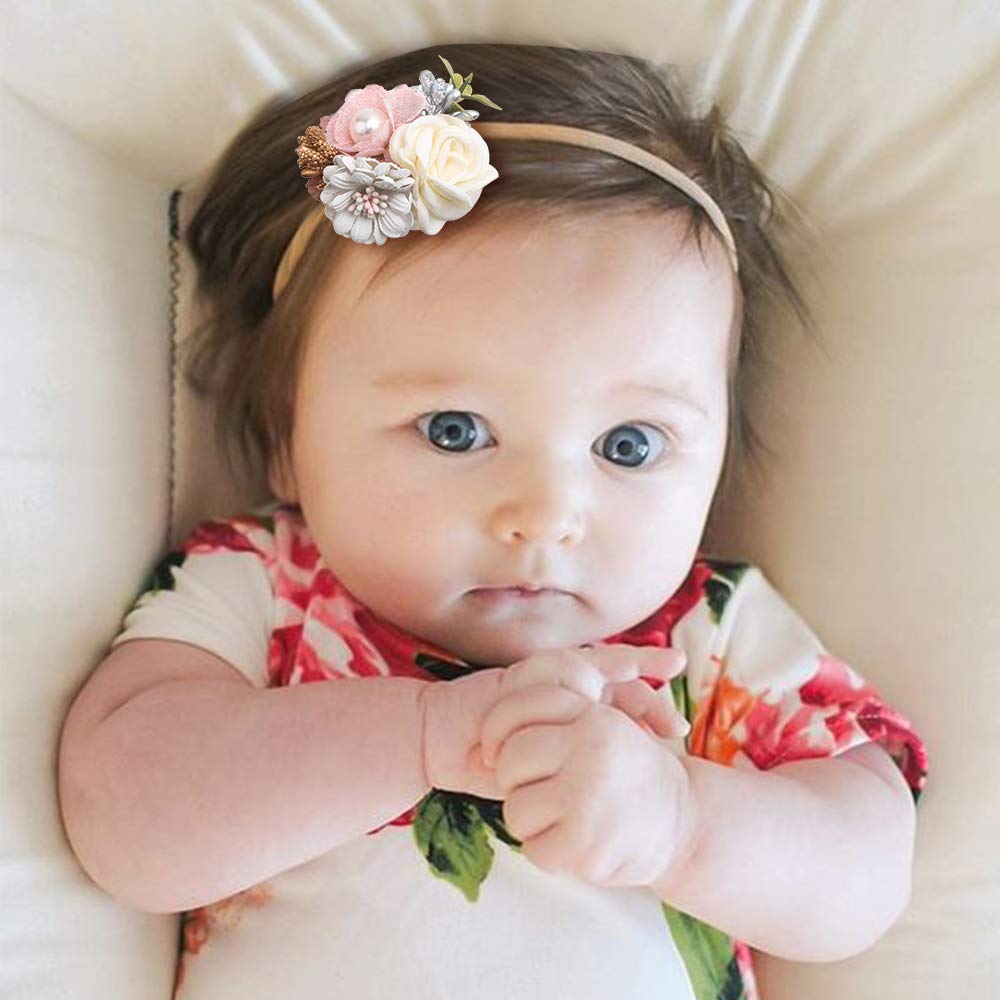 cherrboll 4pcs Baby Girl Headbands Flowers, Super Soft & Stretchy Nylon Floral Hairbands for Newborn Toddler