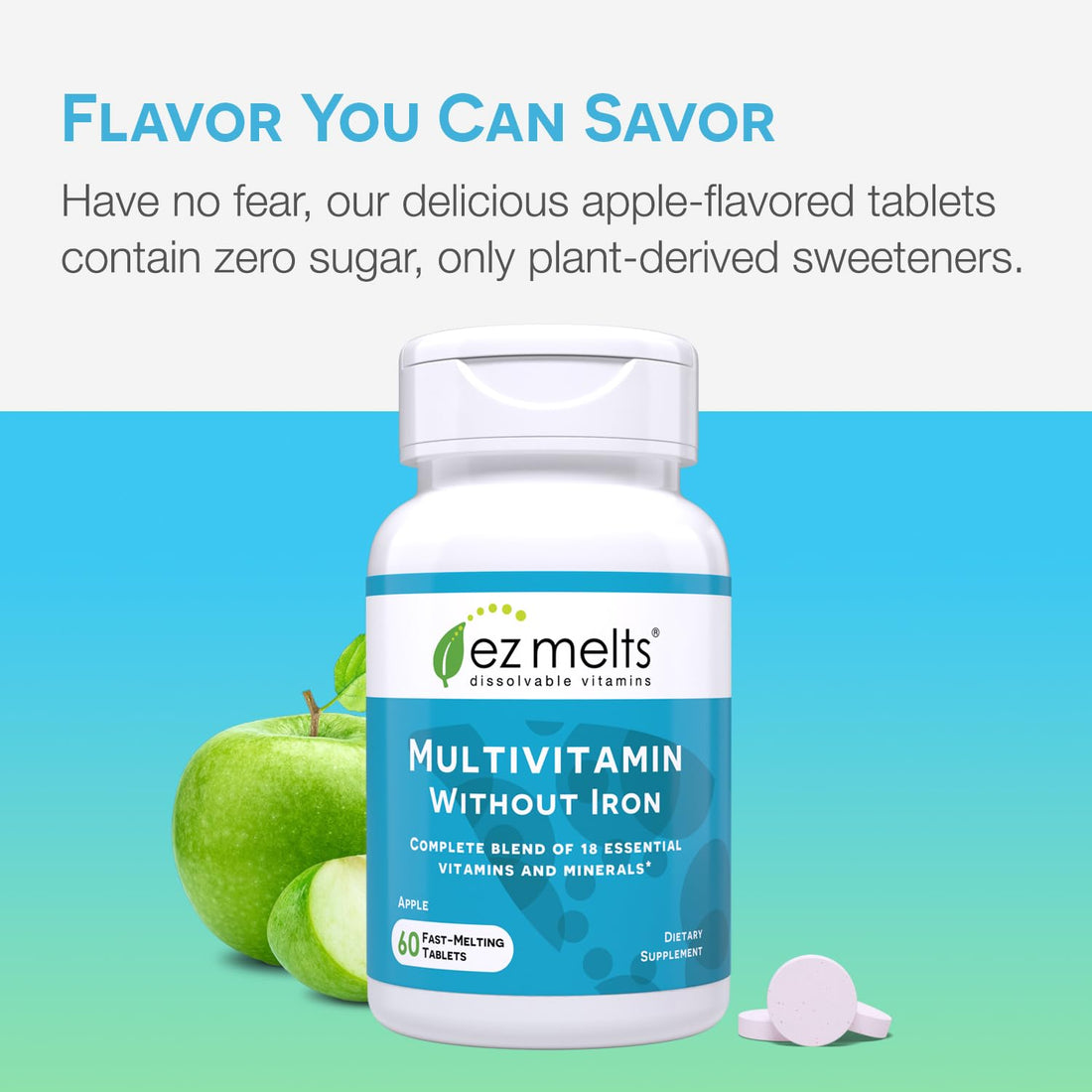 EZ Melts Dissolvable Multivitamin Without Iron, 18 Vitamins and Minerals Including Vitamin A and C, Biotin, B12, D3, Zinc and More, Sugar-Free, 1-Month Supply