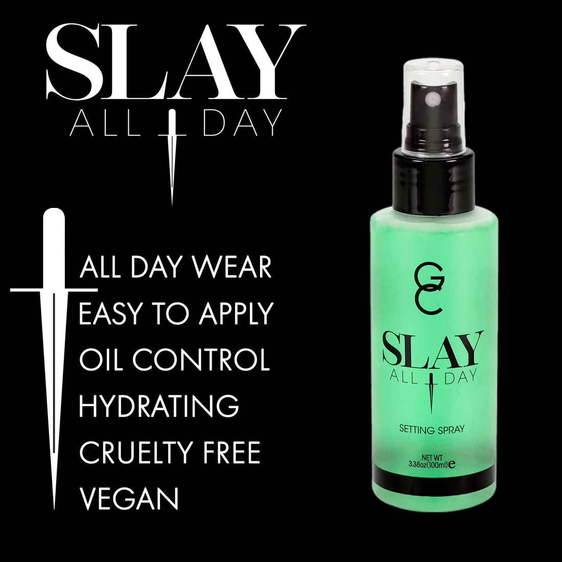 GC Make Up Setting Spray - Gerard Cosmetics Slay All Day Cucumber Scented - OIL CONTROL, MATTE FINISH facial mist & makeup sealer, Keeps makeup fresh all day- 3.38oz (100ml) CRUELTY FREE, USA MADE