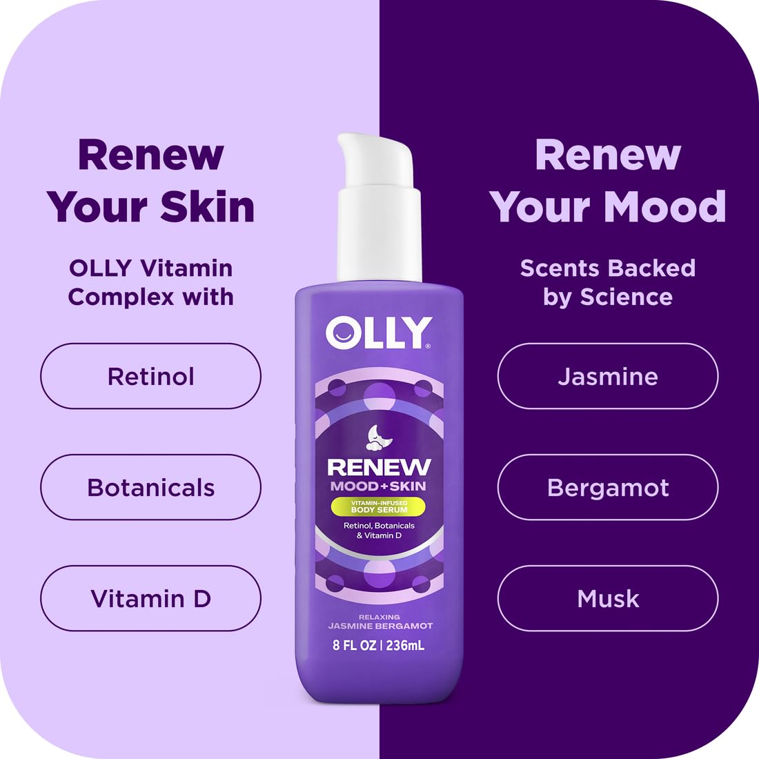 OLLY Vitamins Mini Body Serum & Body Wash Mixed Pack 4 Count Repairs Skin Barrier & Soothe Stress, TSA Approved