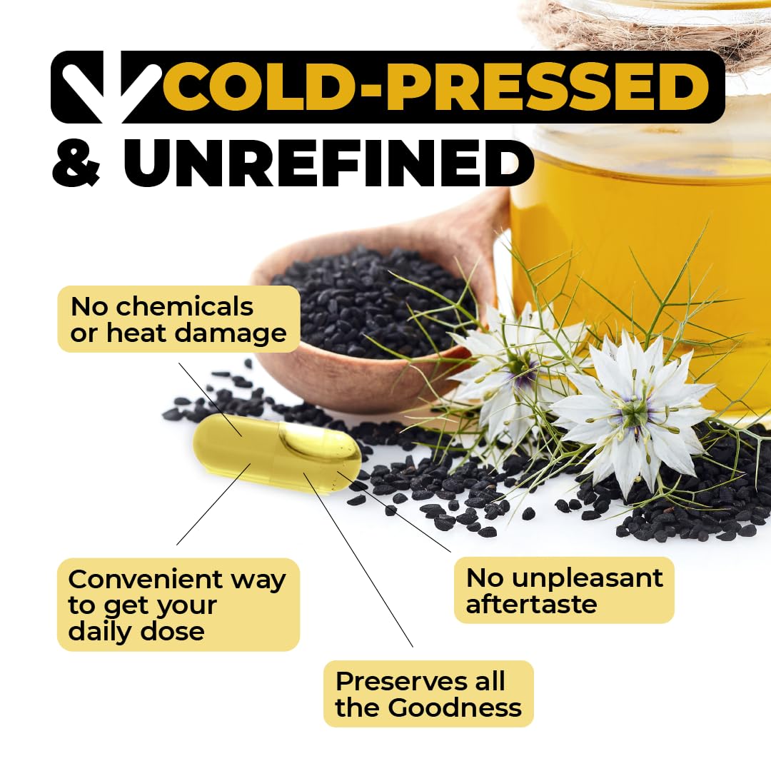 Black Seed Oil Capsules | Cold Pressed Blackseed Oil. Provides Vitamin E & Omega 3 6 9. High Potency (1500mg) for Immune Support, Antioxidants, Digestion, Hair Skin and Nails. Vegan. Non-GMO. 90 Caps