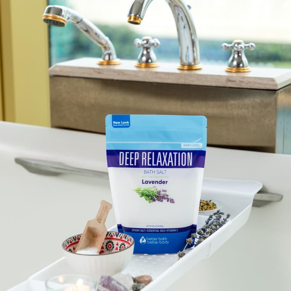 Deep Relaxation Bath Soak Epsom Salt With Lavender Essential Oils & Vitamin C 100% All Natural No Perfumes & Dyes Relieve Tension & Stress Naturally (2 Pounds 32 Ounces)
