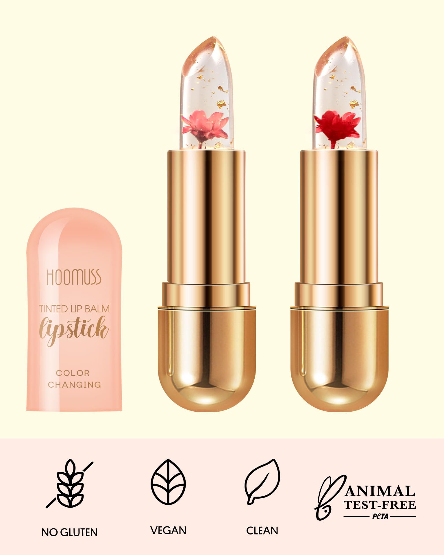HOOMUSS Tinted Lip Balm Flower Lipstick Tinted Lip Gloss Long Lasting PH Lipstick, Color Changing Lipstick Natural Chapstick, Glitter Pink Shade Lipstick, Red Flower