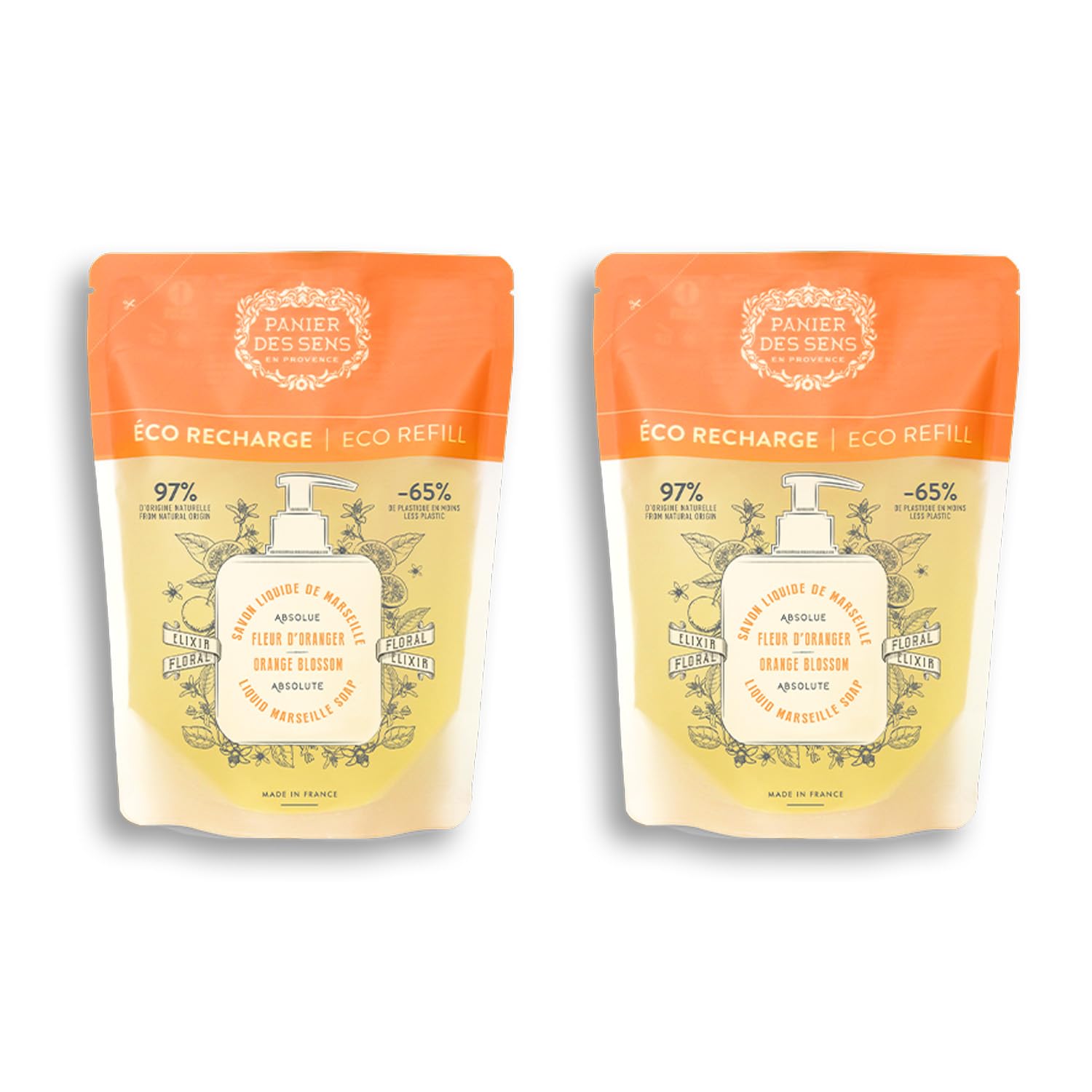Panier des Sens Orange Blossom Liquid Hand Soap refills, Liquid Marseille Soap - Made in France 97% natural - 2x 16.9Floz/500ml