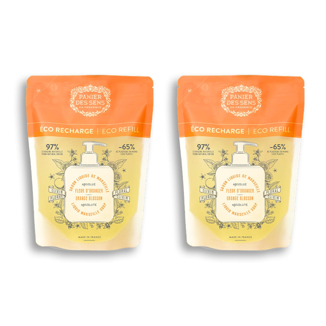 Panier des Sens Orange Blossom Liquid Hand Soap refills, Liquid Marseille Soap - Made in France 97% natural - 2x 16.9Floz/500ml