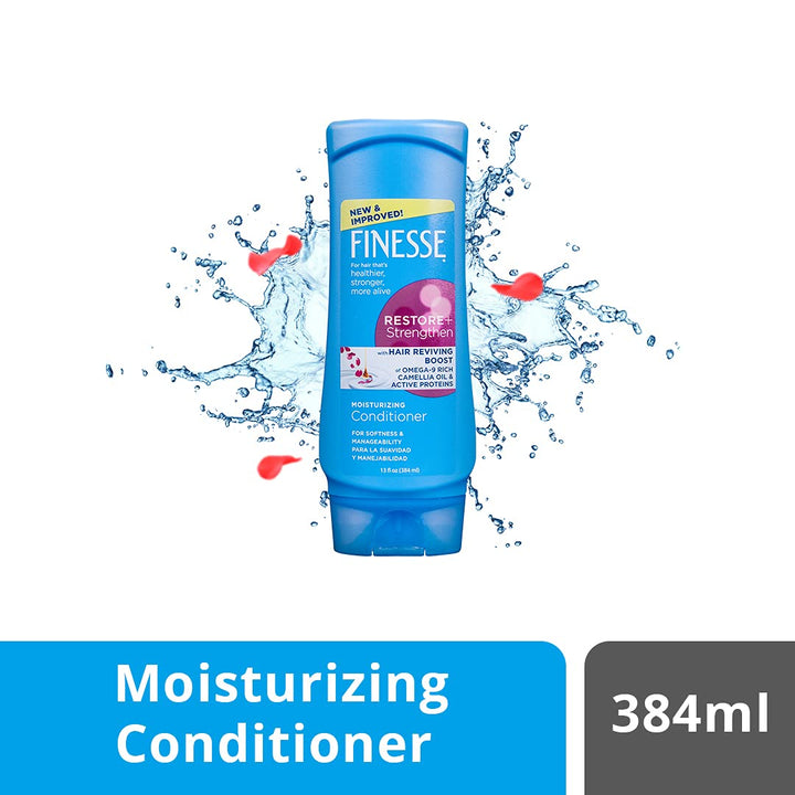 Finesse Restore & Strengthen Moisturizing Conditioner 384 ml with Hair Reviving Boost of Omega 9 Rich Cameillia Oil & Active Portiens.