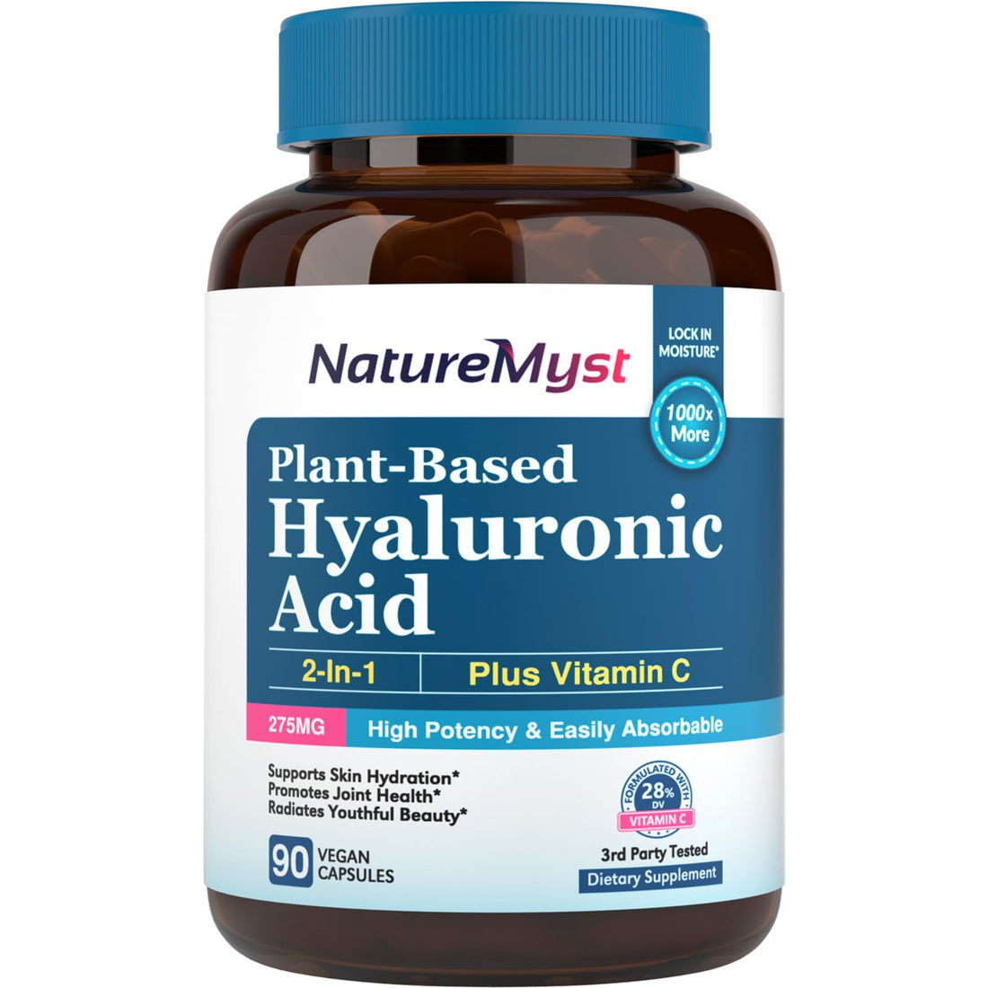 NatureMyst Hyaluronic Acid Supplement, with Vitamin C, 250mg Plant-Based HA, 90 Vegan Caps, for Joints, Skin & Eyes, Collagen Production, Easily Absorbable
