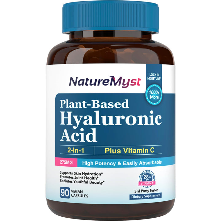 NatureMyst Hyaluronic Acid Supplement, with Vitamin C, 250mg Plant-Based HA, 90 Vegan Caps, for Joints, Skin & Eyes, Collagen Production, Easily Absorbable