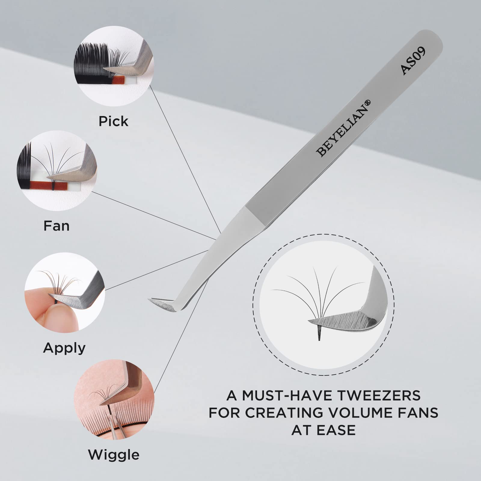 BEYELIAN Curved Eyelash Extension Tweezers for 3D-6D Volume Lash Application (#AS09)