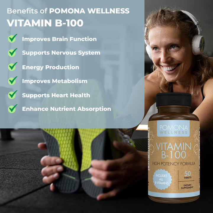 Pomona Wellness Vitamin B Complex Supplement with Folic Acid, High Potency Multivitamin, All 10 B Vitamins Including B12, Supports Energy Levels, Heart Health, Non-GMO, 50 Tablets