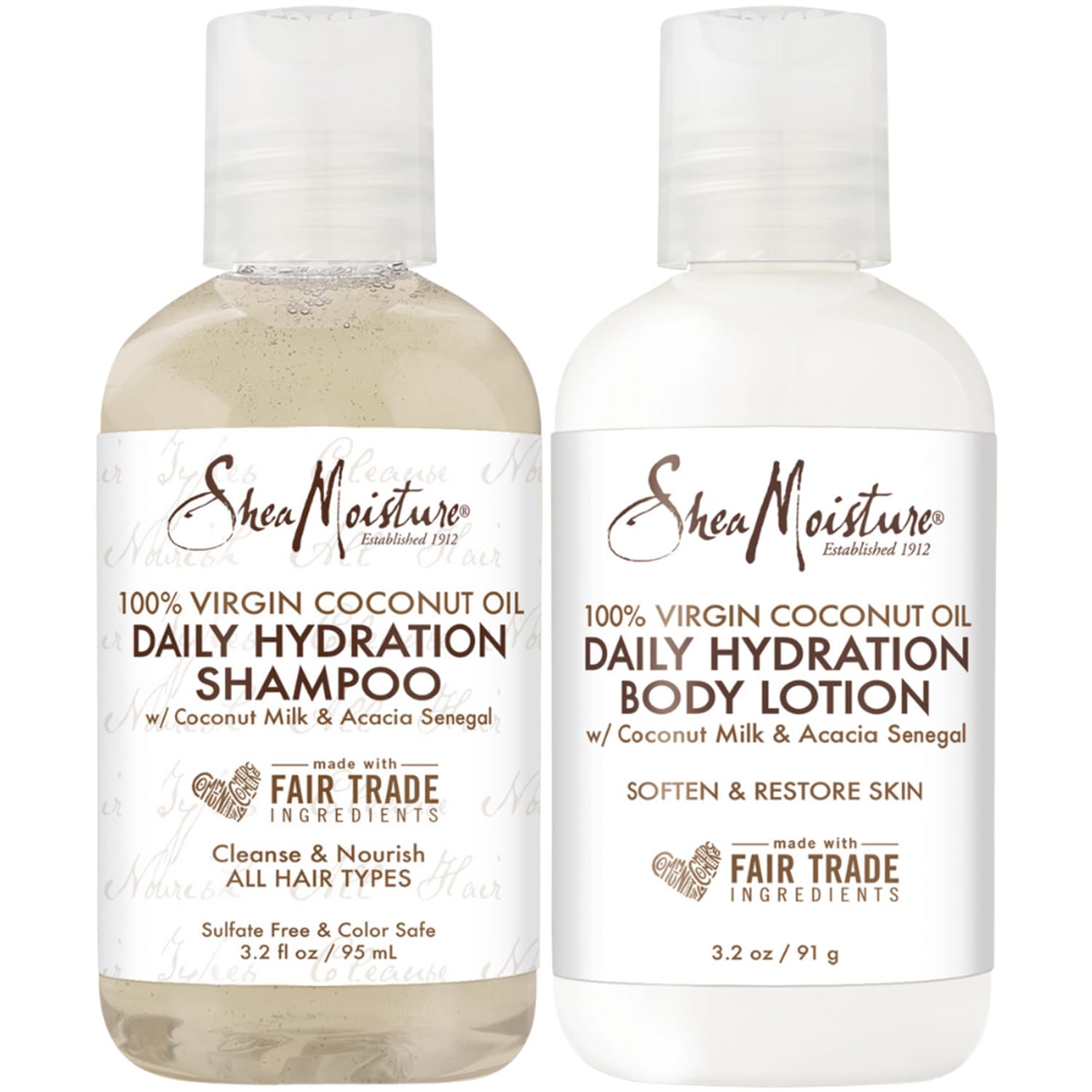 SheaMoisture Travel Essentials, Shampoo & Body Lotion, Daily Hydration Formulas with Coconut Milk & Acacia Senegal in Travel-Size Mini Bottles, 3.2 Oz Ea