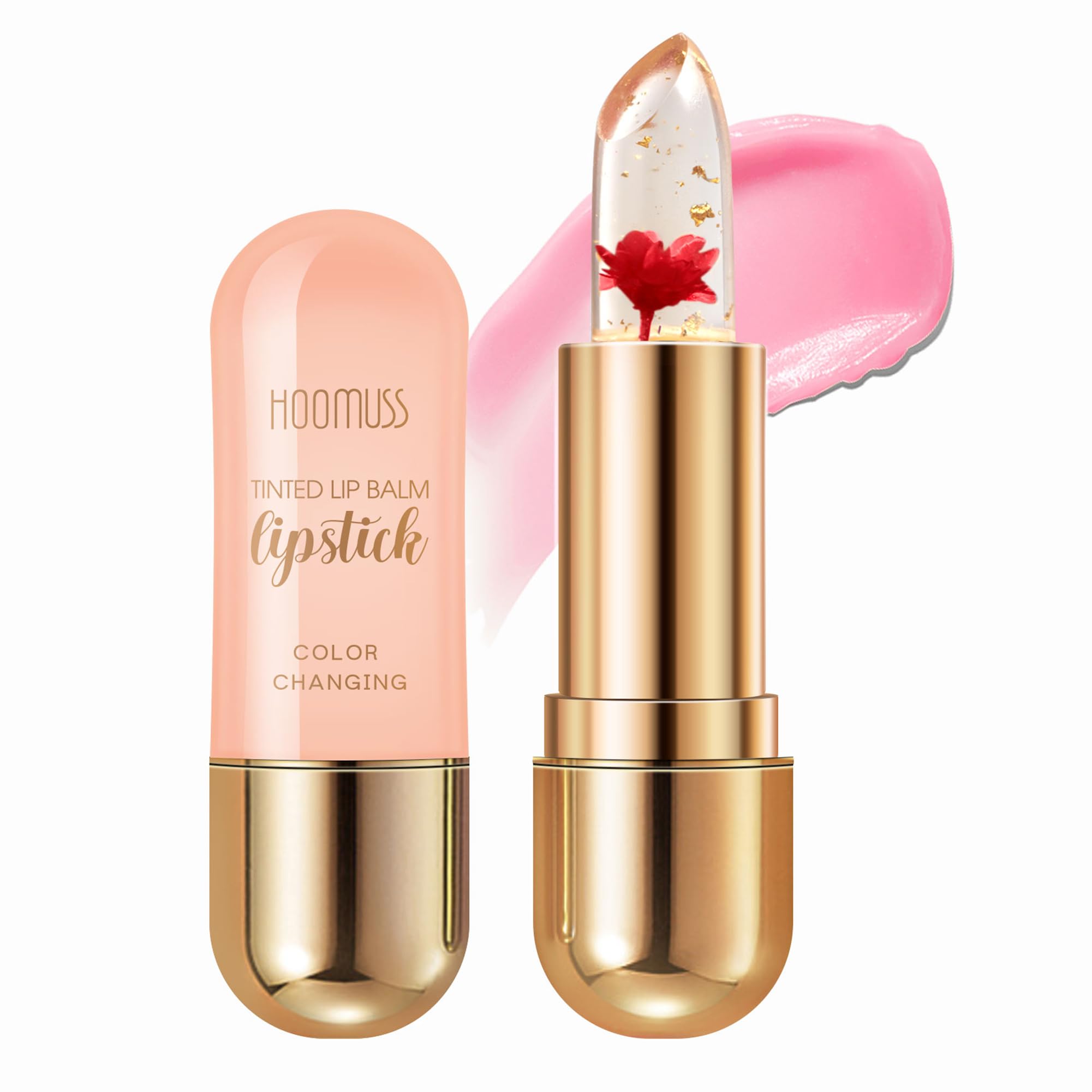 HOOMUSS Tinted Lip Balm Flower Lipstick Tinted Lip Gloss Long Lasting PH Lipstick, Color Changing Lipstick Natural Chapstick, Glitter Pink Shade Lipstick, Red Flower