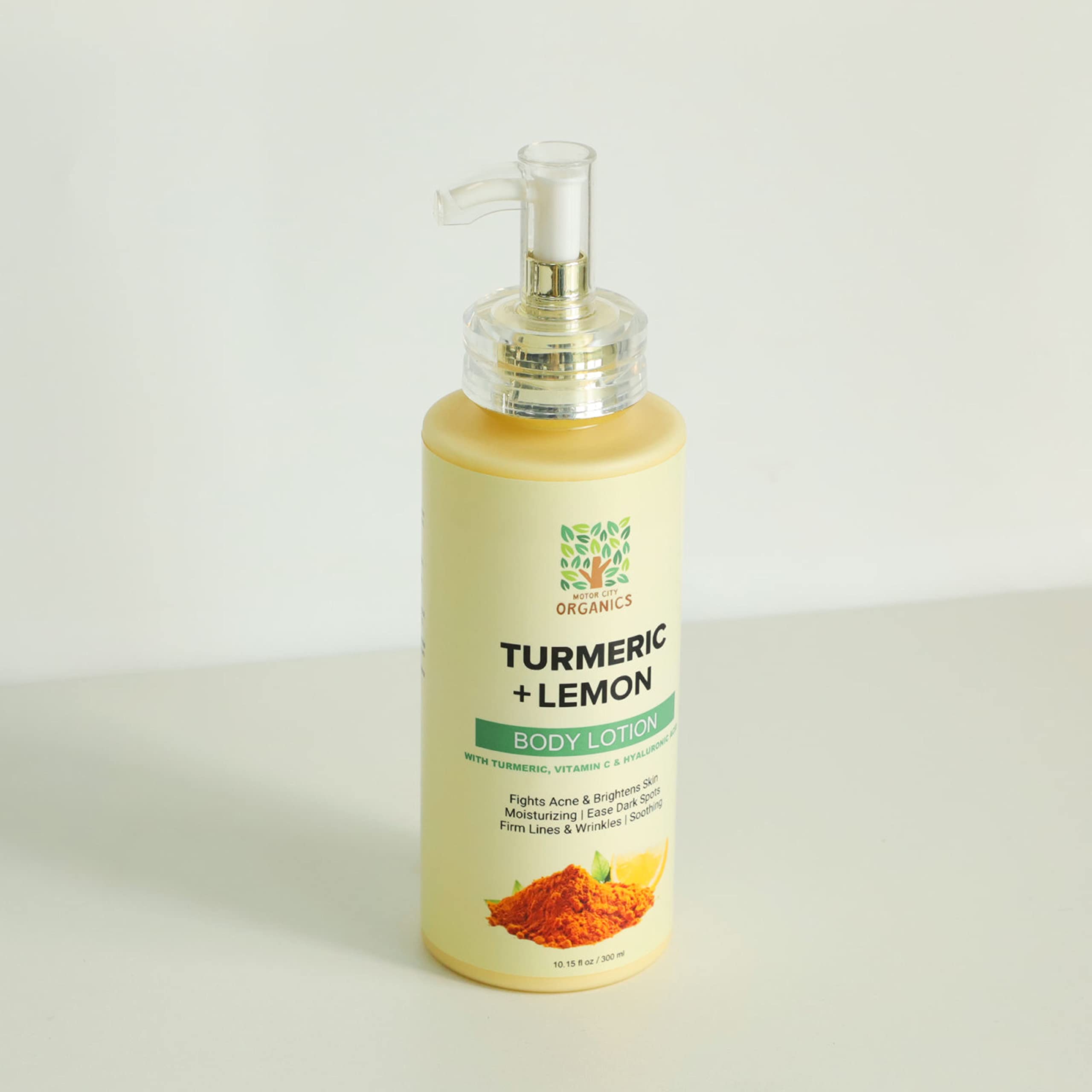 Motor City Organics' Turmeric Lemon Body Lotion – Hydrating & Firming Moisturizer. Fast-Absorbing, Non-Greasy & Clean Scent. Made with Turmeric, Vitamin C & Hyaluronic Acid – 10.15 Oz Bottle