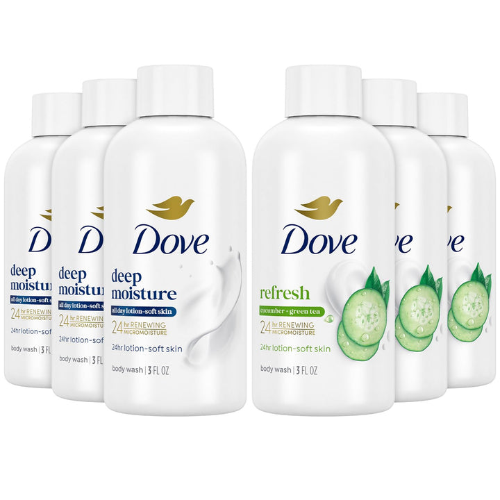Dove Body Wash Travel Size Variety 6-Pack – Refresh Cucumber & Green Tea + Deep Moisture, 24H Renewing Moisture for Soft Skin, 3 Oz Ea