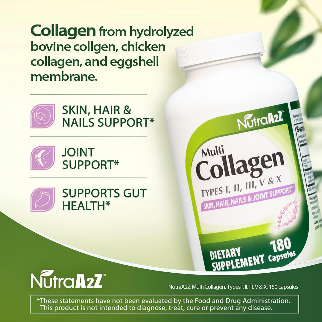 NutraA2Z Multi Collagen Pills 1735mg -180 Collagen Capsules (60 Servings) - Types I, II, III, V & X for Healthy Skin, Hair, Nails & Joint Support