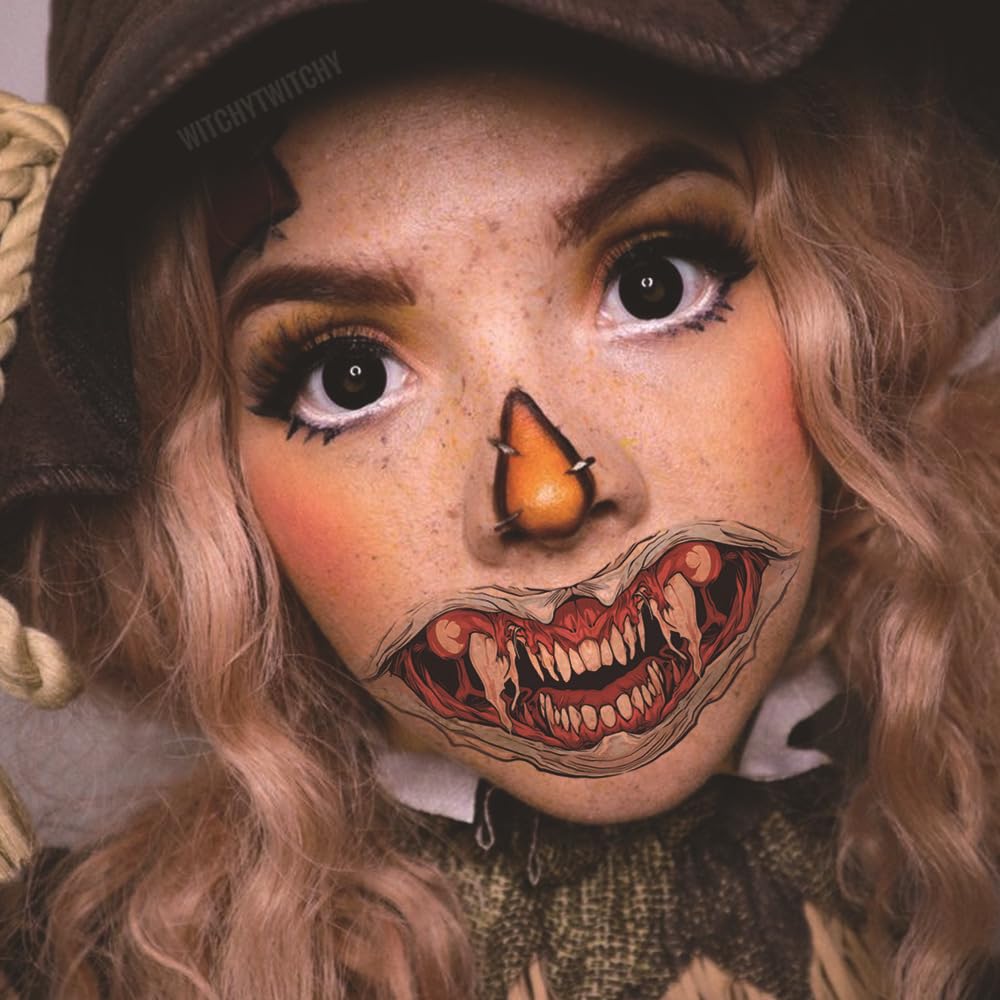 Halloween Temporary Horror Scary Mouth Face Tattoo Stickers Props for Women Adults Men Cosplay Party Masquerade Accessories Kit