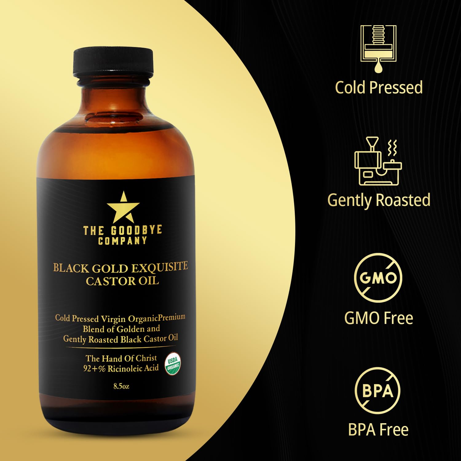 The Goodbye Company Black & Gold Castor Oil Blend – USDA Organic, Cold-Pressed & Unrefined – Pure Hexane-Free Oil for Hair, Skin, Body, Eyelashes & Eyebrows