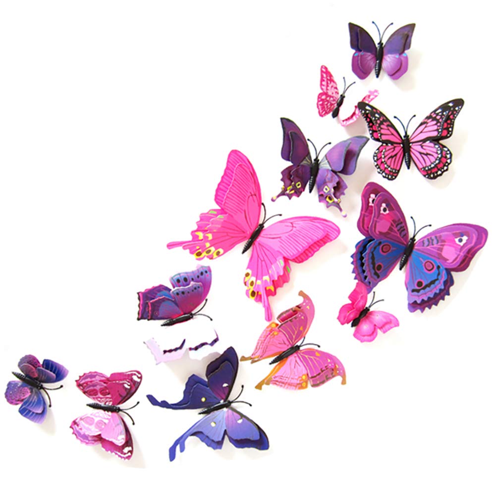 JYPHM 24PCS 3D Butterfly Wall Decal Double Wings Removable Refrigerator Magnets Stickers Decor for Kids Room Decoration Home and Bedroom Art Mural Purple