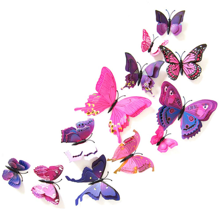 JYPHM 24PCS 3D Butterfly Wall Decal Double Wings Removable Refrigerator Magnets Stickers Decor for Kids Room Decoration Home and Bedroom Art Mural Purple
