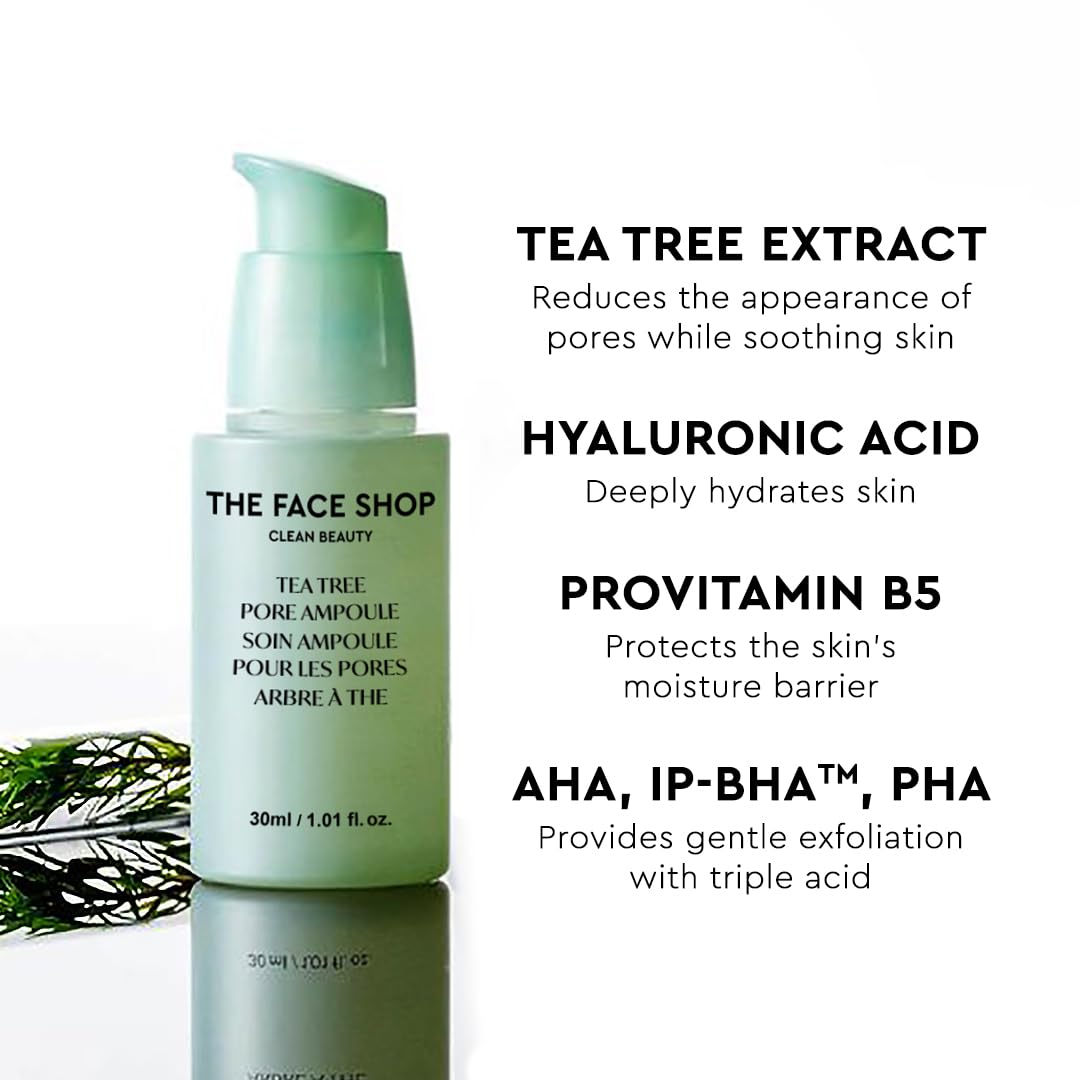 The Face Shop Tea Tree Pore Ampoule - Soothes & Moisturizes Skin, Exfoliating, Hydrating Face Serum, Minimizes Pores - AHA, BHA, PHA, Hyaluronic Acid, Panthenol - Korean Skin Care Moisturizer