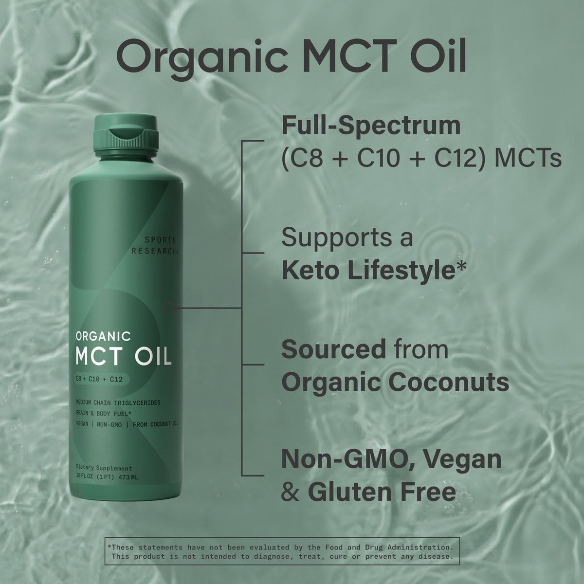 Sports Research Organic MCT Oil - Keto & Vegan MCTs C8, C10, C12 from Coconuts - Fatty Acid Brain & Body Fuel, Flavorless, Non-GMO & Gluten Free - Perfect in Coffee, Tea & Protein Shakes - 16 oz