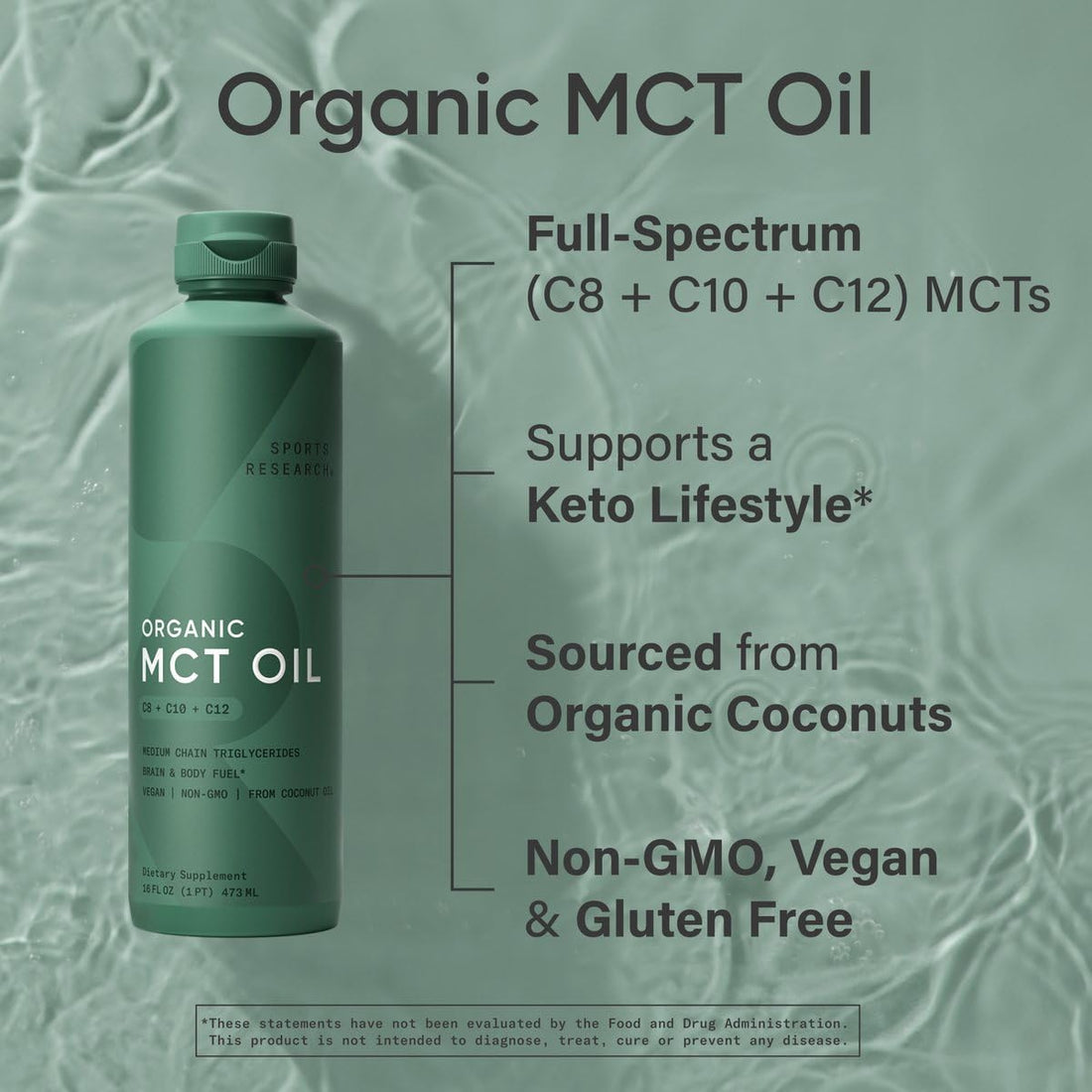 Sports Research Organic MCT Oil - Keto & Vegan MCTs C8, C10, C12 from Coconuts - Fatty Acid Brain & Body Fuel, Flavorless, Non-GMO & Gluten Free - Perfect in Coffee, Tea & Protein Shakes - 16 oz