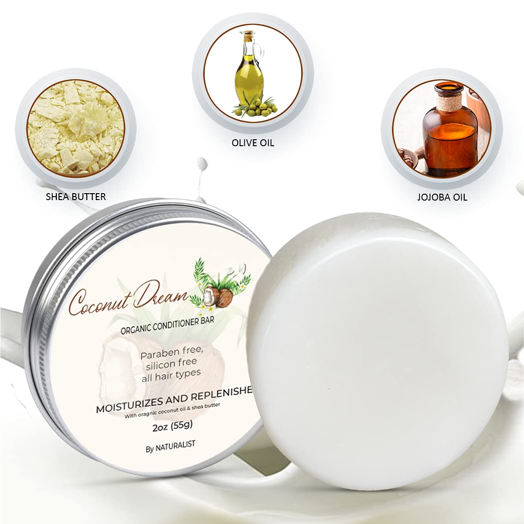 Solid Conditioner Bar, Organic, Plant Based, SLS Free, Vegan, All Hair Types | pH Balanced, Plastic Free | Eco Friendly, Safe For Travel (Coconut Dream) | 2oz