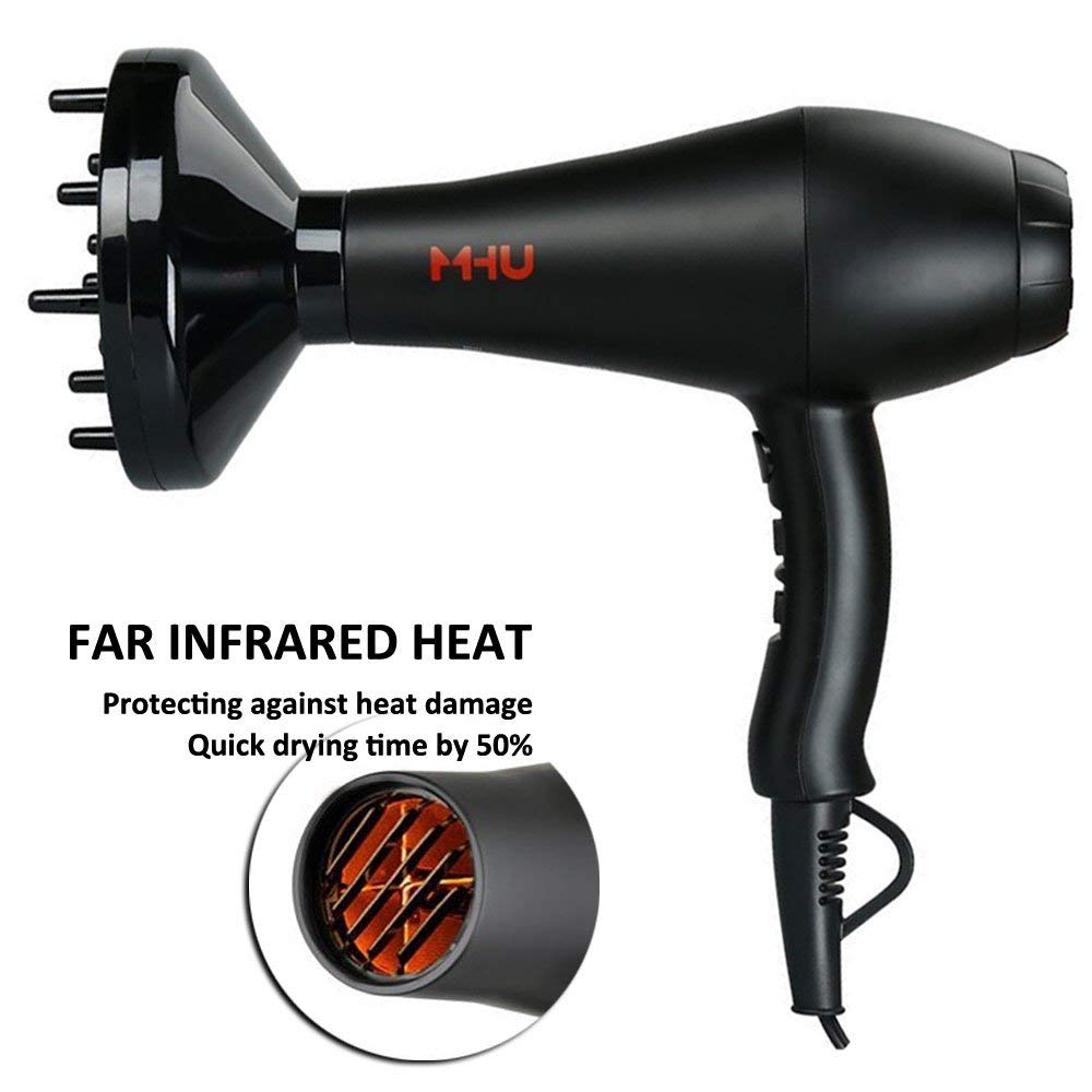 MHD Blow Dryer 1875W Professional Infrared Ionic Hair Dryer 2 Speed and 3 Heat Settings Fast Drying Plus One Concentrator And One Diffuser (Black)