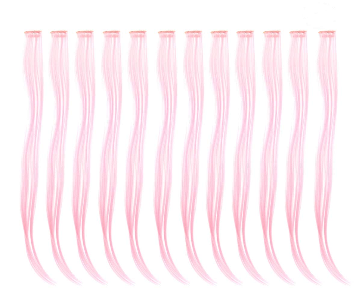 Pink : SWACC 12 Pcs Straight One Color Party Highlights Clip on in Hair Extensions Colored Hair Streak Synthetic Hairpieces (Pink)