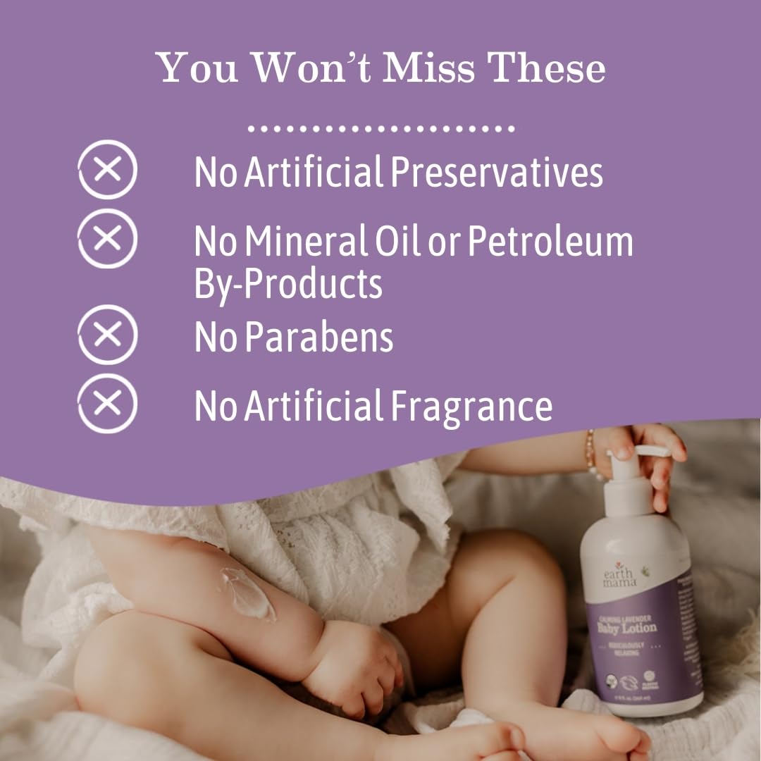 Earth Mama Calming Lavender Baby Lotion for Dry Skin, Calendula Cream for Newborn Skin Care, Organic Moisturizer for Children, Aloe Juice, Rooibos, & Shea Butter, Lavender Lotion, 8 Fl Oz (2Pk)