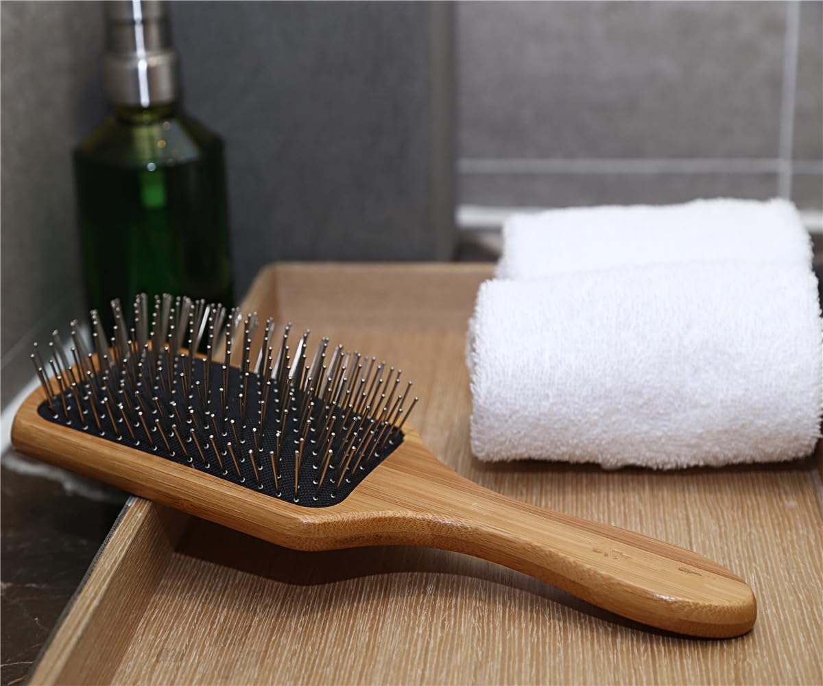 JYHY Keratin Oil Infused Natural Wooden Massage Hair paddle Brush/Beauty SPA Massager Massage Comb/Big Size Hair Detangler Brush Improve Hair Growth,Metal Pins