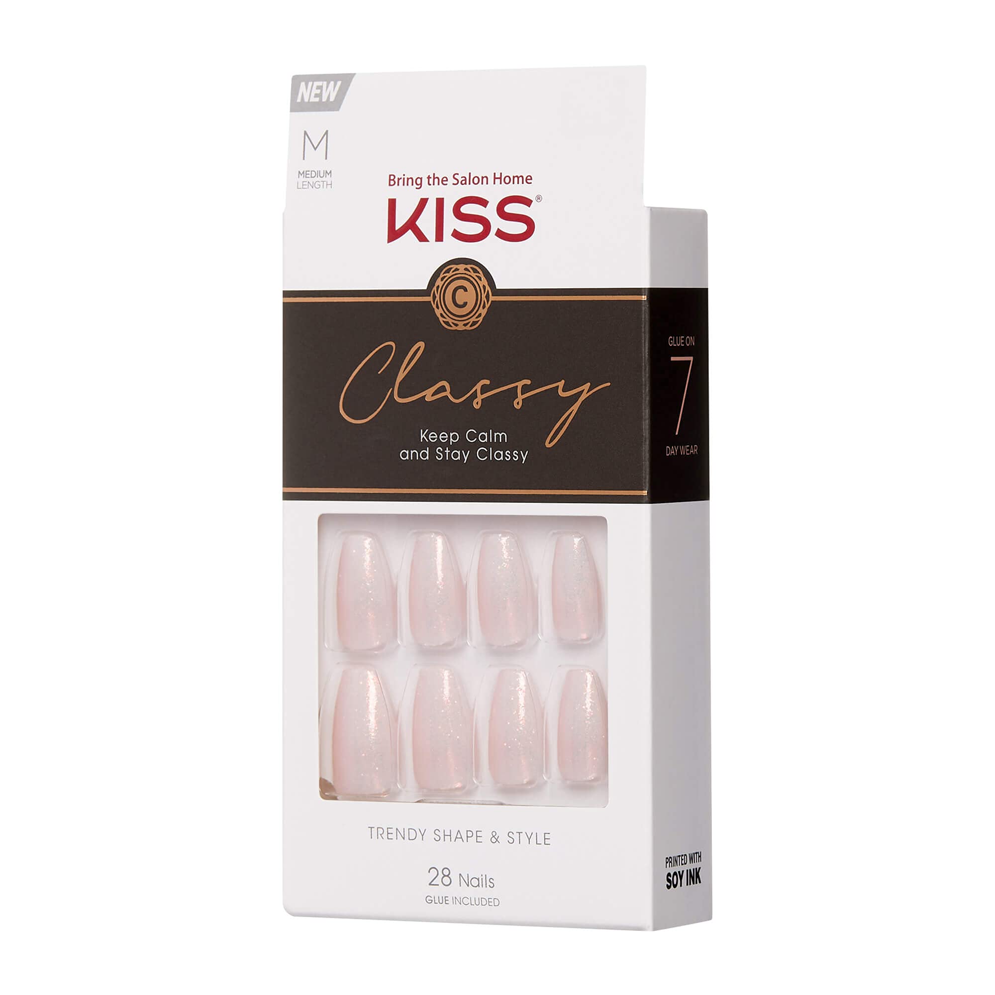 KISS Classy French Nail Manicure Kit with Gel Finish, Medium, Coffin Shaped, ââ‚¬Å“Cozy Meets Cuteââ‚¬Â, Nail Kit Includes Pink Nail Glue (Net Wt. 2 g / 0.07oz.), Mini File, Manicure Stick, and 28