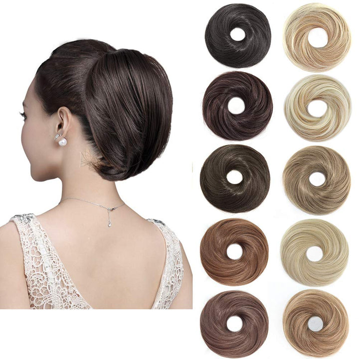 AQINBEL Hair Bun Ponytail Straight Bun Hair Pieces for Women Short Ponytail Bun Hair Extensions Tousled Updo Bun Hairpieces With Elastic Rubber Band Hair Accessories (Brown Black)