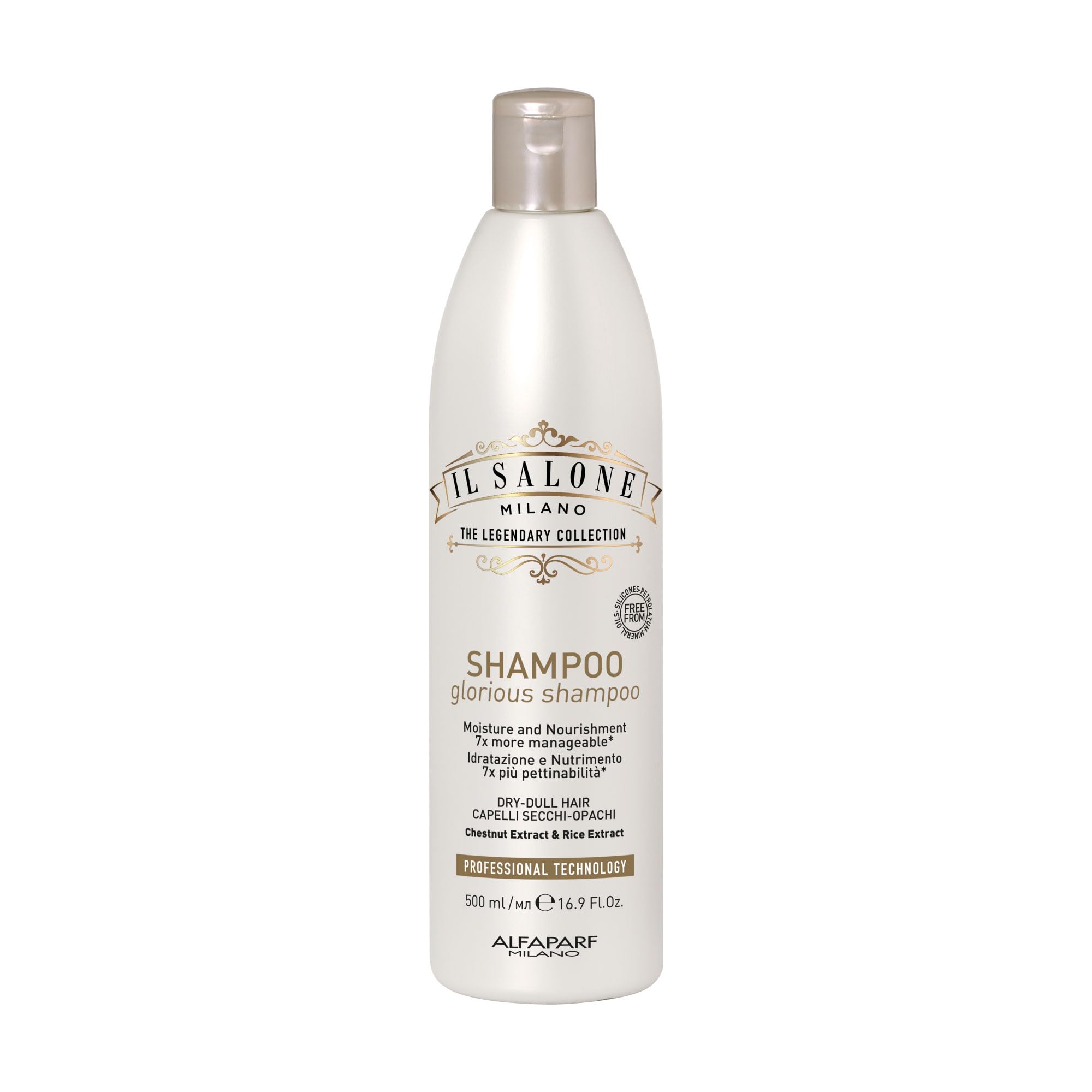 Il Salone Milano Professional Glorious Shampoo - Moisturizing Shampoo for Dull, Dry Hair - Delivers Renewed Vitality with Chestnut & Rice Extract - Salon-Quality Hair Care (16.9 oz / 500 ml)