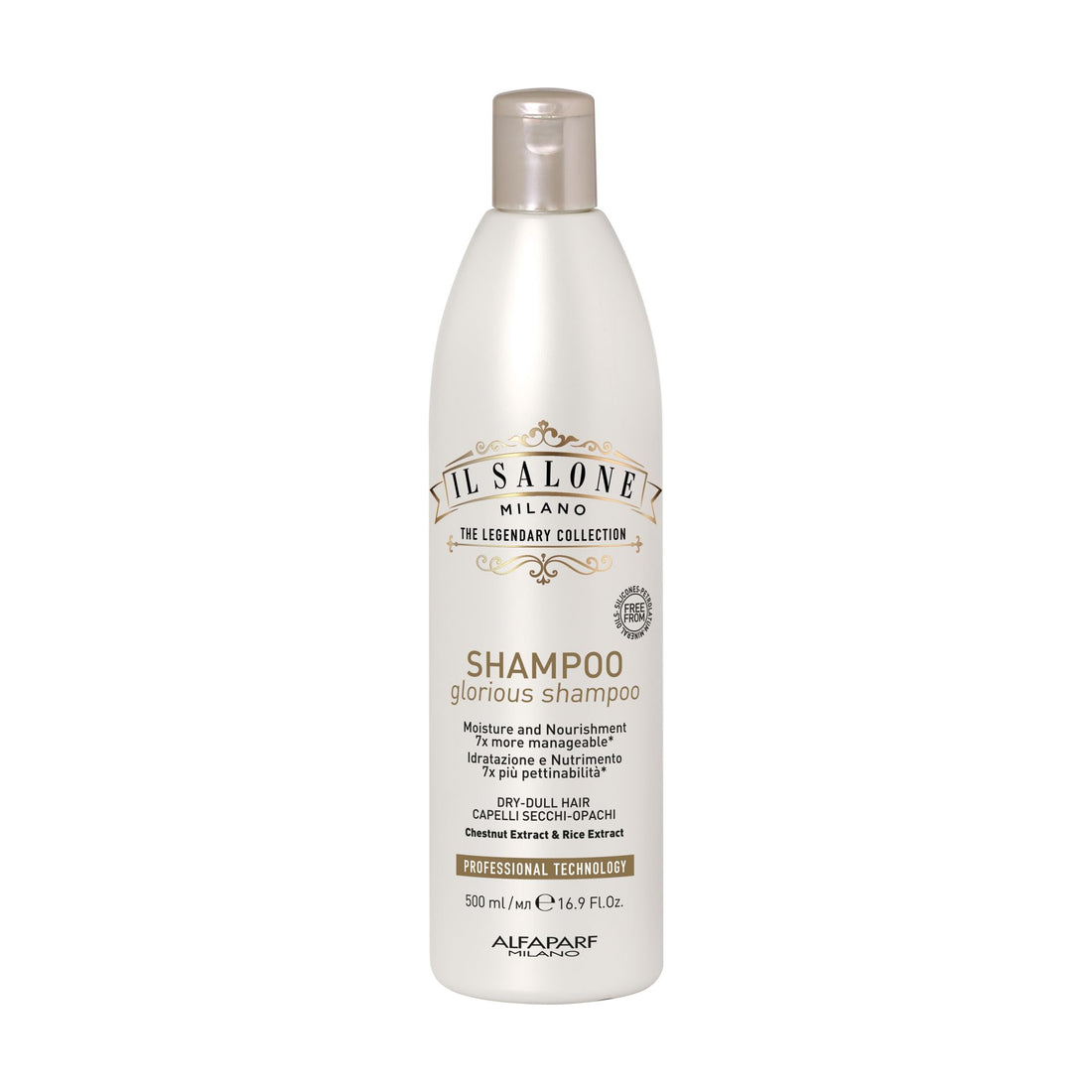 Il Salone Milano Professional Glorious Shampoo - Moisturizing Shampoo for Dull, Dry Hair - Delivers Renewed Vitality with Chestnut & Rice Extract - Salon-Quality Hair Care (16.9 oz / 500 ml)